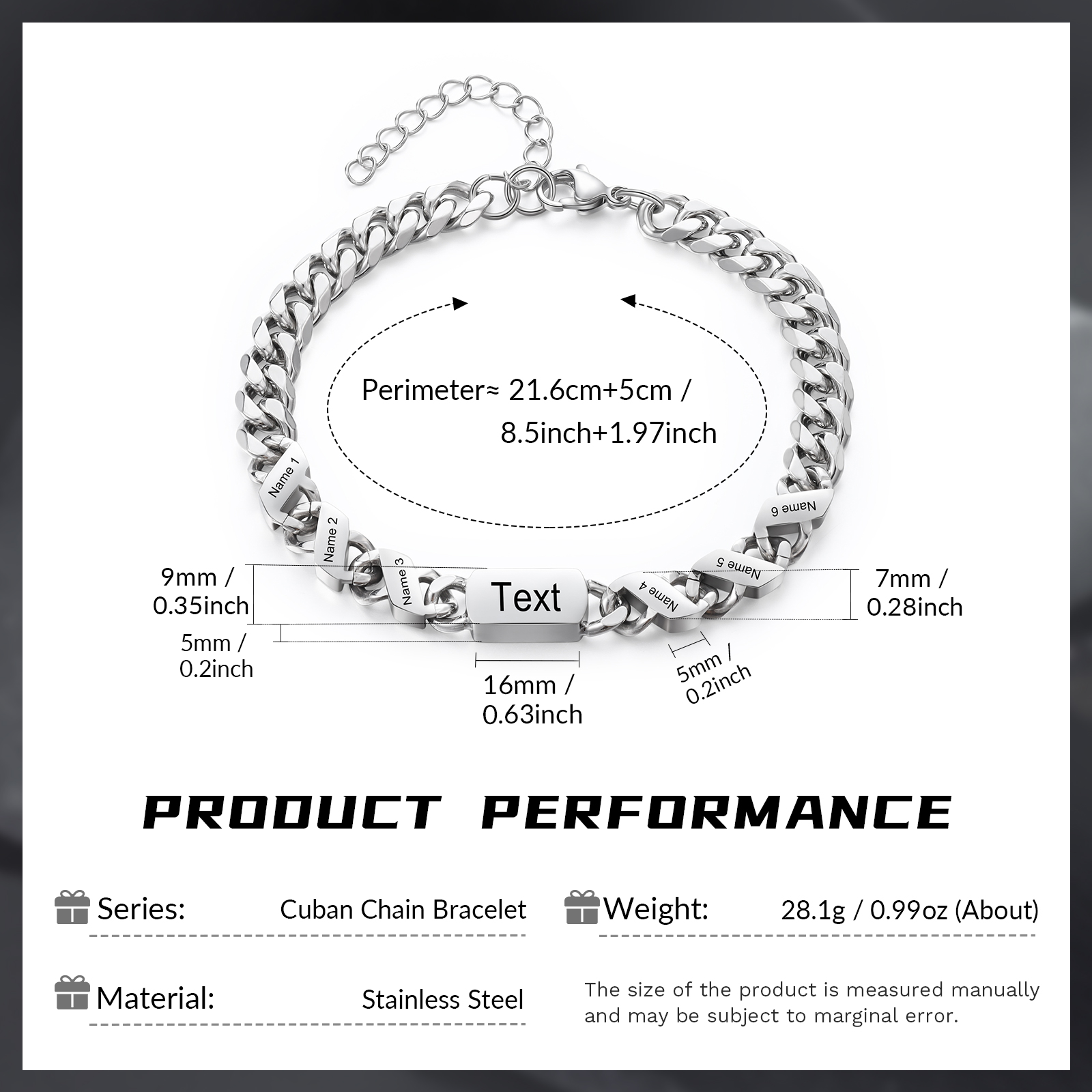 Personalised Cuban Chain Bracelet, Custom Text & 6 Names Engraved Gift for Men | Jessemade