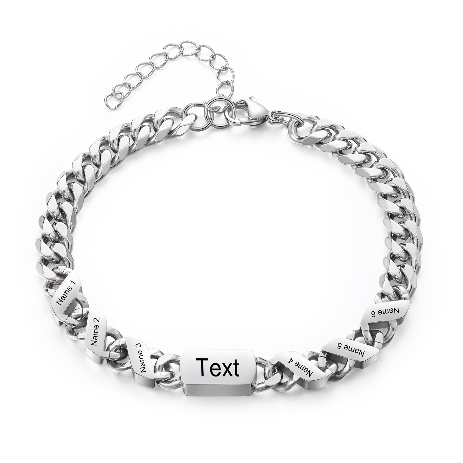 Personalised Cuban Chain Bracelet, Custom Text & 6 Names Engraved Gift for Men | Jessemade