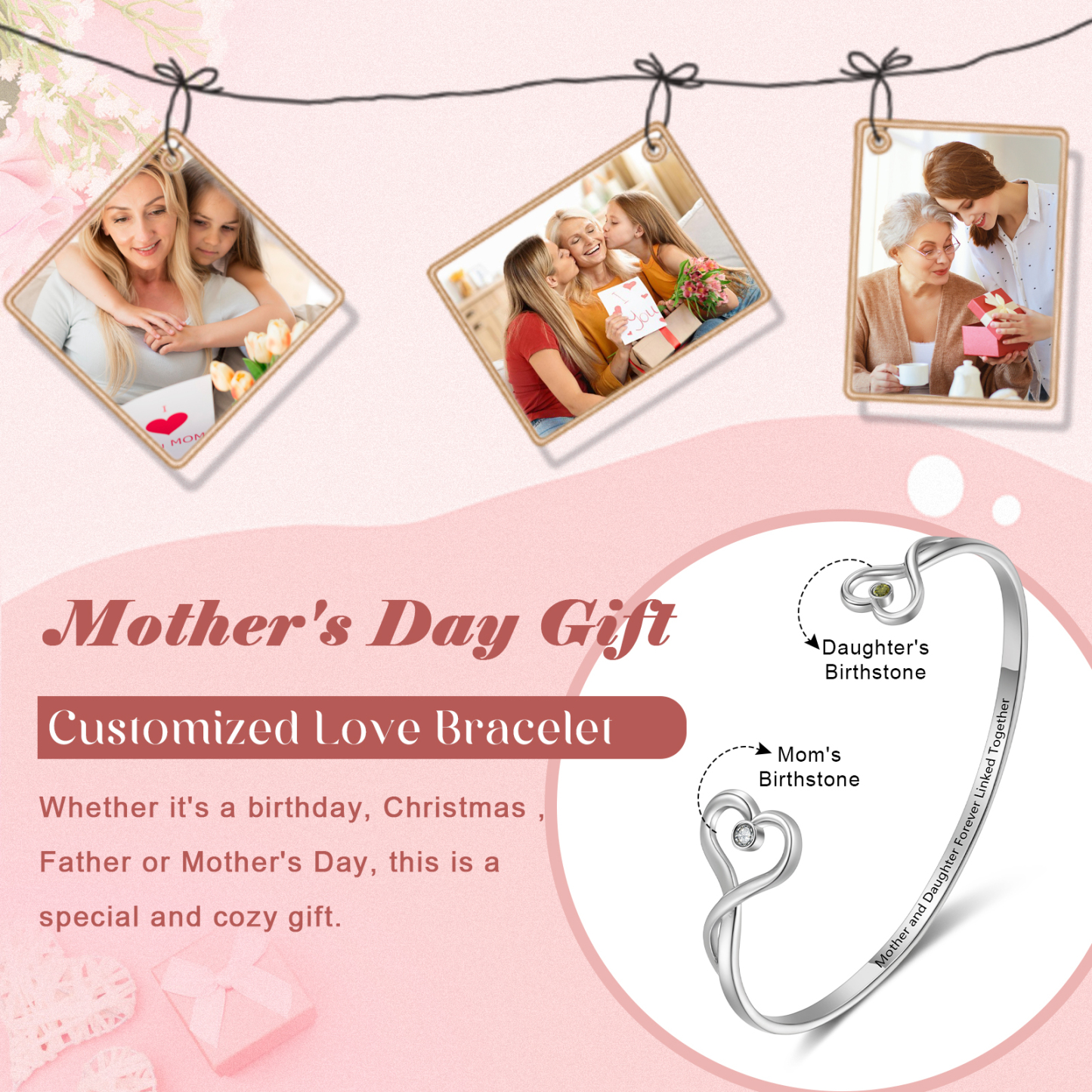 Personalised Birthstone Bangle, Custom 2 Names & Text Bracelet for Mum | Jessemade