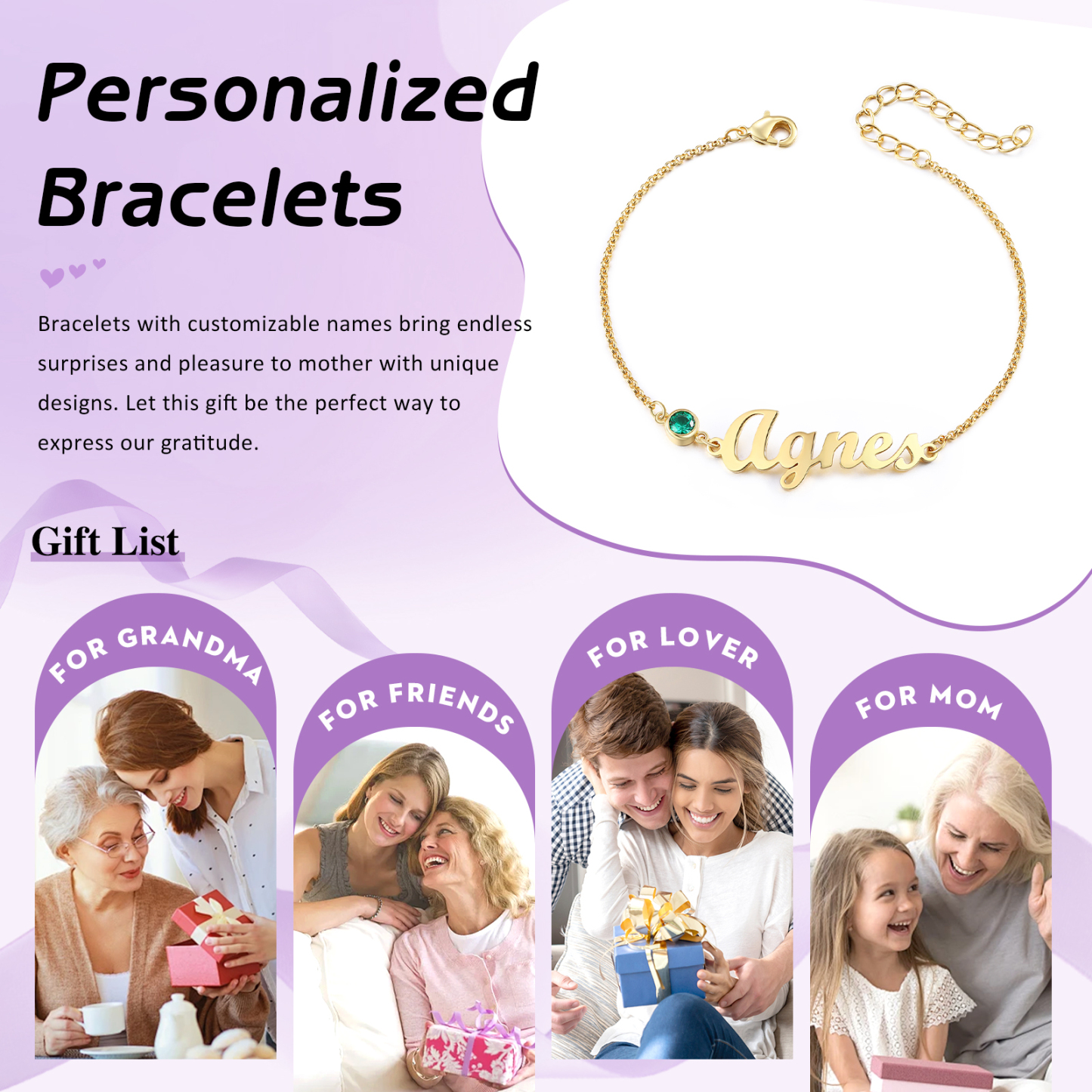 1 Name & 1 Birthstone - Personalized Birthstone Beautiful Gold Color Bracelet Gift for Her | Lorajewel