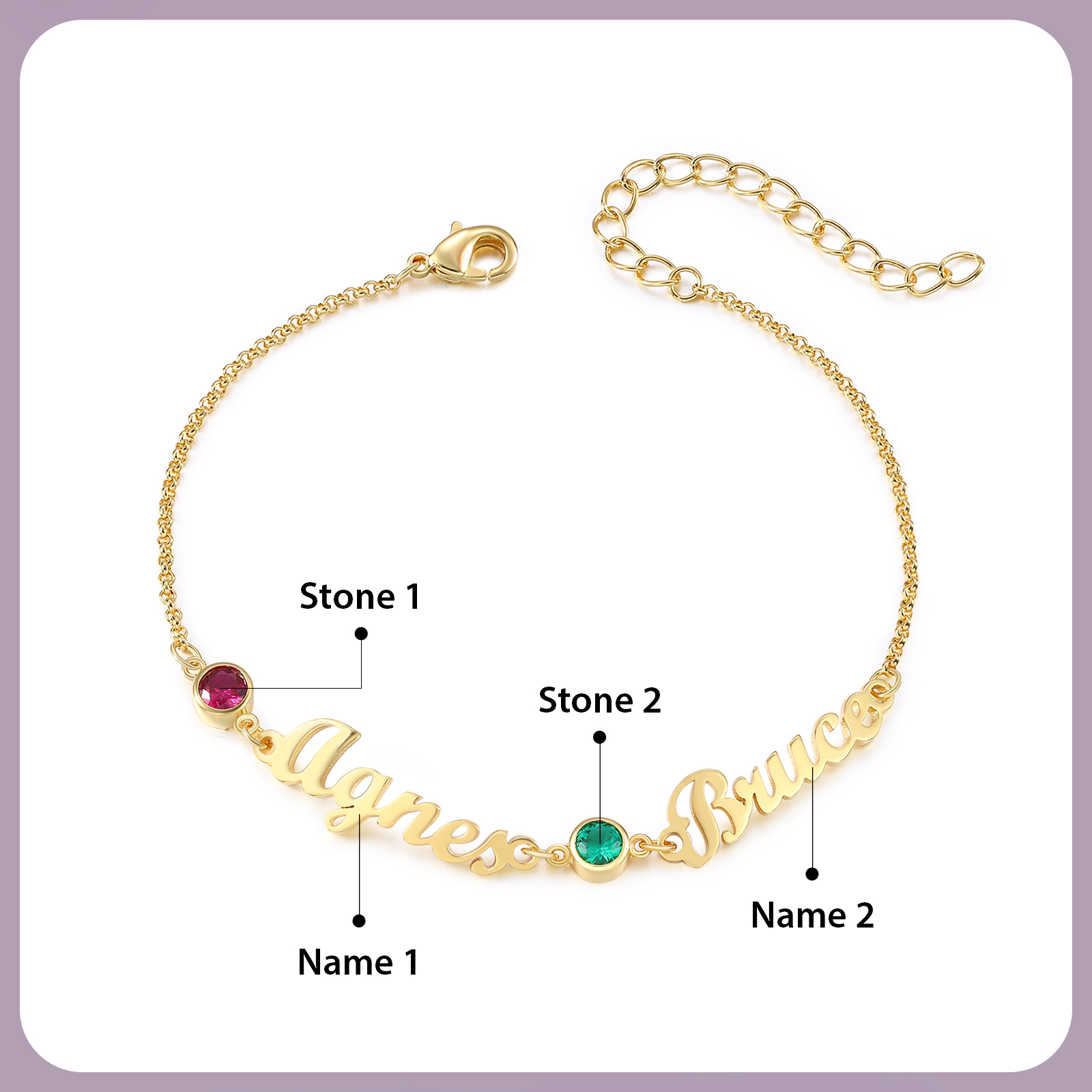 2 Names & 2 Birthstones - Personalized Birthstone Beautiful Gold Color Bracelet Gift for Her | Lorajewel