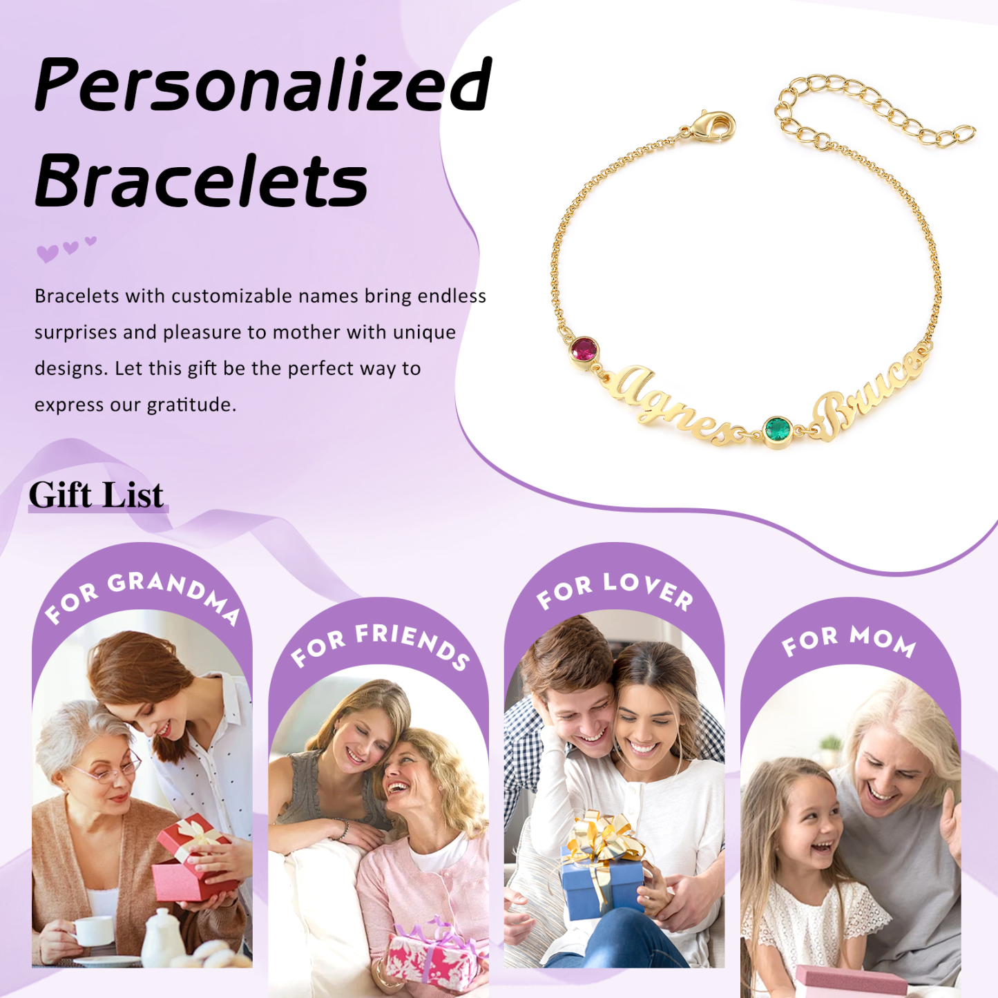 2 Names & 2 Birthstones - Personalized Birthstone Beautiful Gold Color Bracelet Gift for Her | Lorajewel