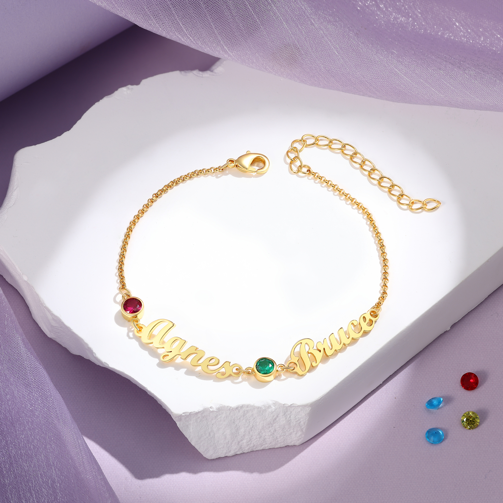 2 Names & 2 Birthstones - Personalized Birthstone Beautiful Gold Color Bracelet Gift for Her | Lorajewel