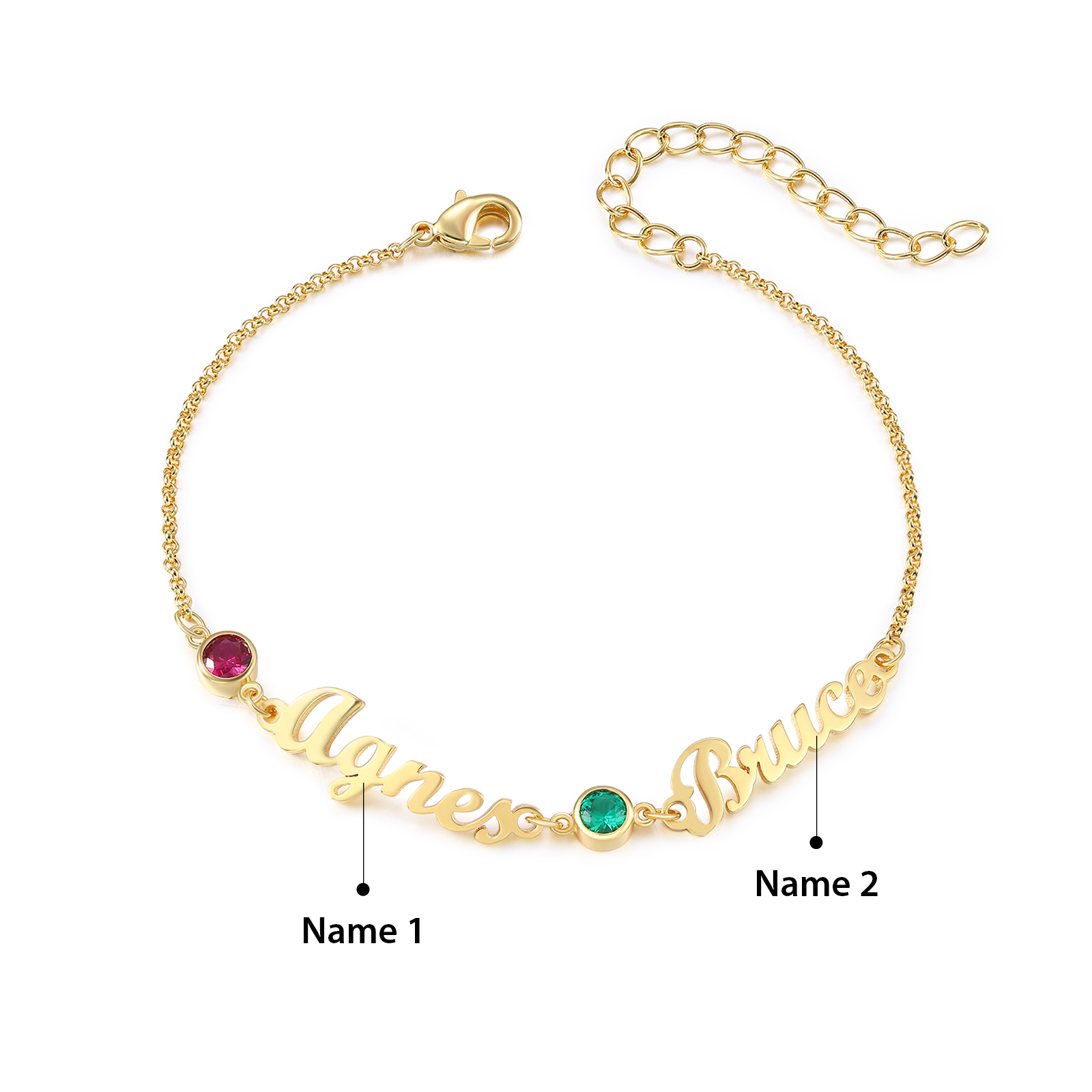 2 Names & 2 Birthstones - Personalized Birthstone Beautiful Gold Color Bracelet Gift for Her | Lorajewel