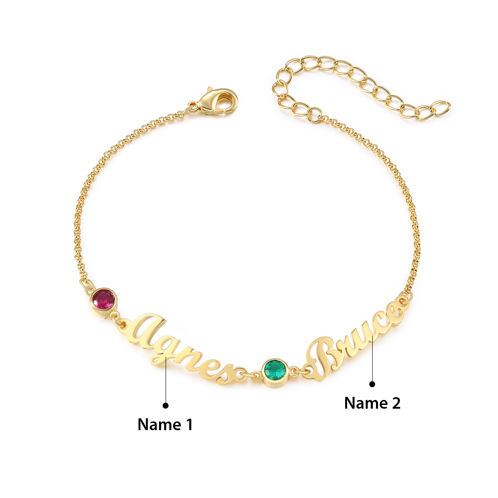 2 Names & 2 Birthstones - Personalized Birthstone Beautiful Gold Color Bracelet Gift for Her | Lorajewel