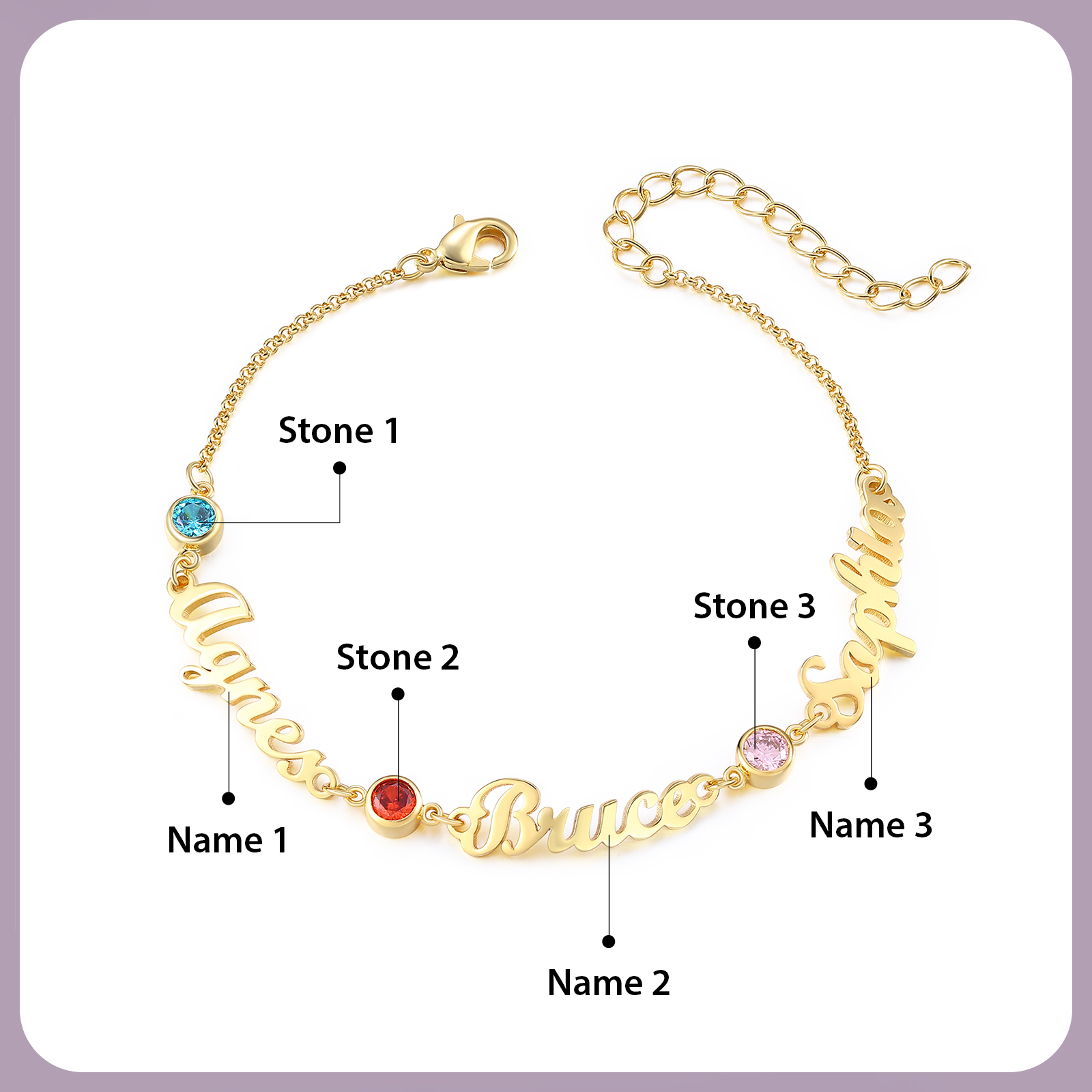 3 Names & 3 Birthstones - Personalized Birthstone Beautiful Gold Color Bracelet Gift for Her | Lorajewel