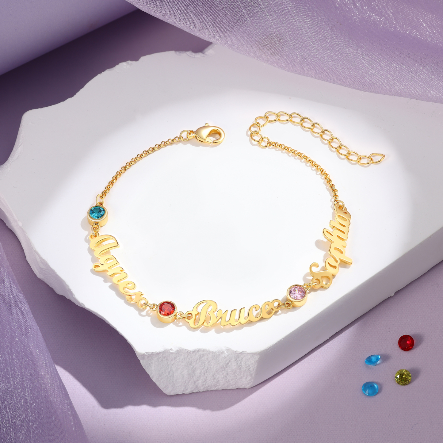 3 Names & 3 Birthstones - Personalized Birthstone Beautiful Gold Color Bracelet Gift for Her | Lorajewel