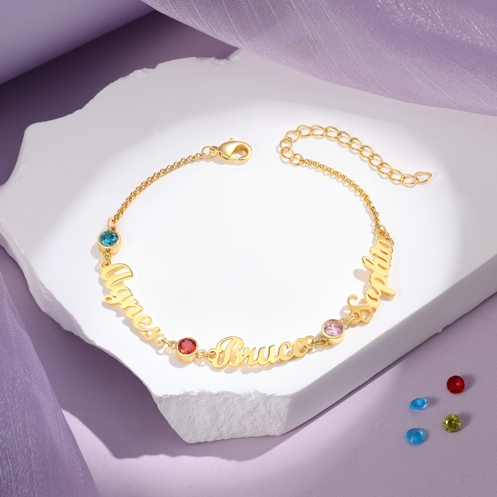 3 Names & 3 Birthstones - Personalized Birthstone Beautiful Gold Color Bracelet Gift for Her | Lorajewel