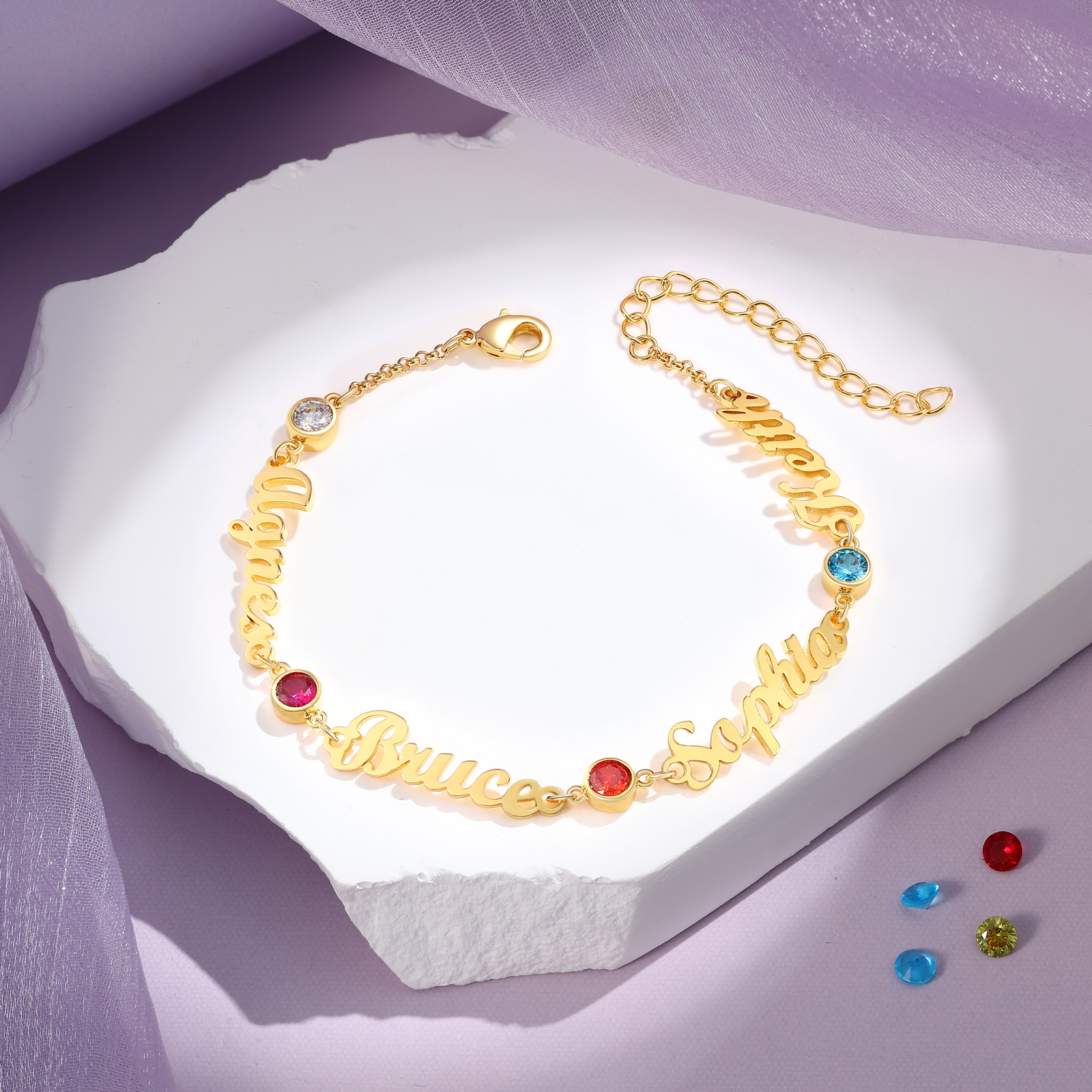 4 Names & 4 Birthstones - Personalized Birthstone Beautiful Gold Color Bracelet Gift for Her | Lorajewel