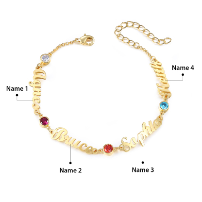 4 Names & 4 Birthstones - Personalized Birthstone Beautiful Gold Color Bracelet Gift for Her | Lorajewel