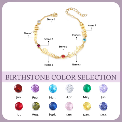 4 Names & 4 Birthstones - Personalized Birthstone Beautiful Gold Color Bracelet Gift for Her | Lorajewel