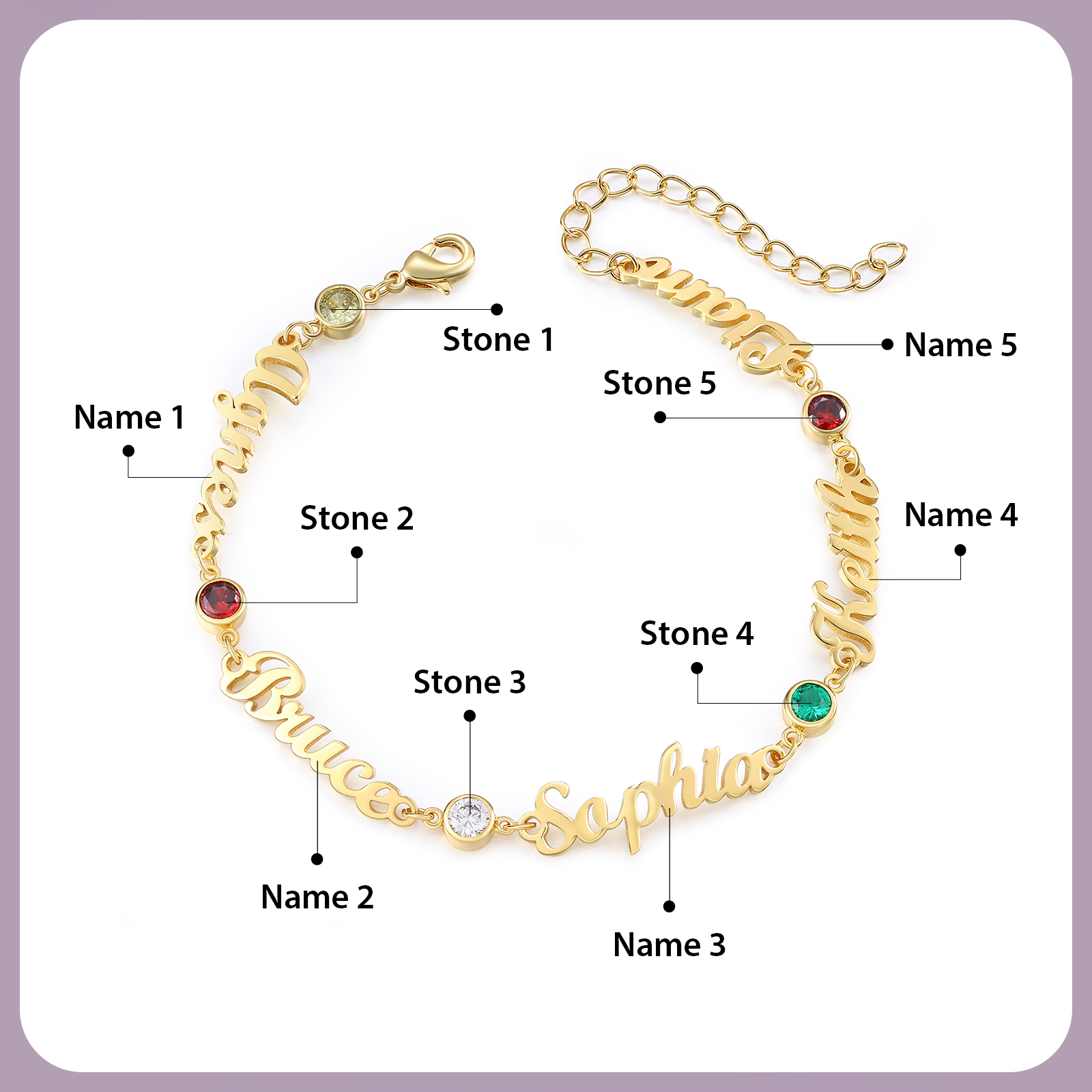 5 Names & 5 Birthstones - Personalized Birthstone Beautiful Gold Color Bracelet Gift for Her | Lorajewel