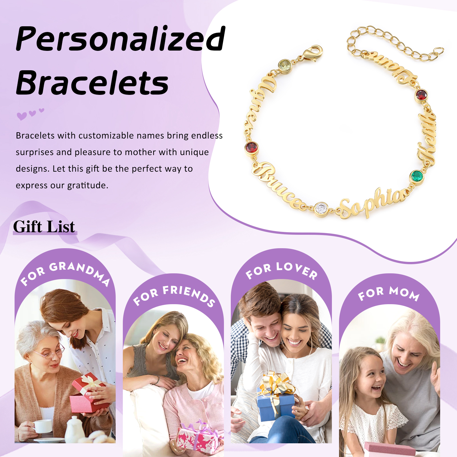 5 Names & 5 Birthstones - Personalized Birthstone Beautiful Gold Color Bracelet Gift for Her | Lorajewel