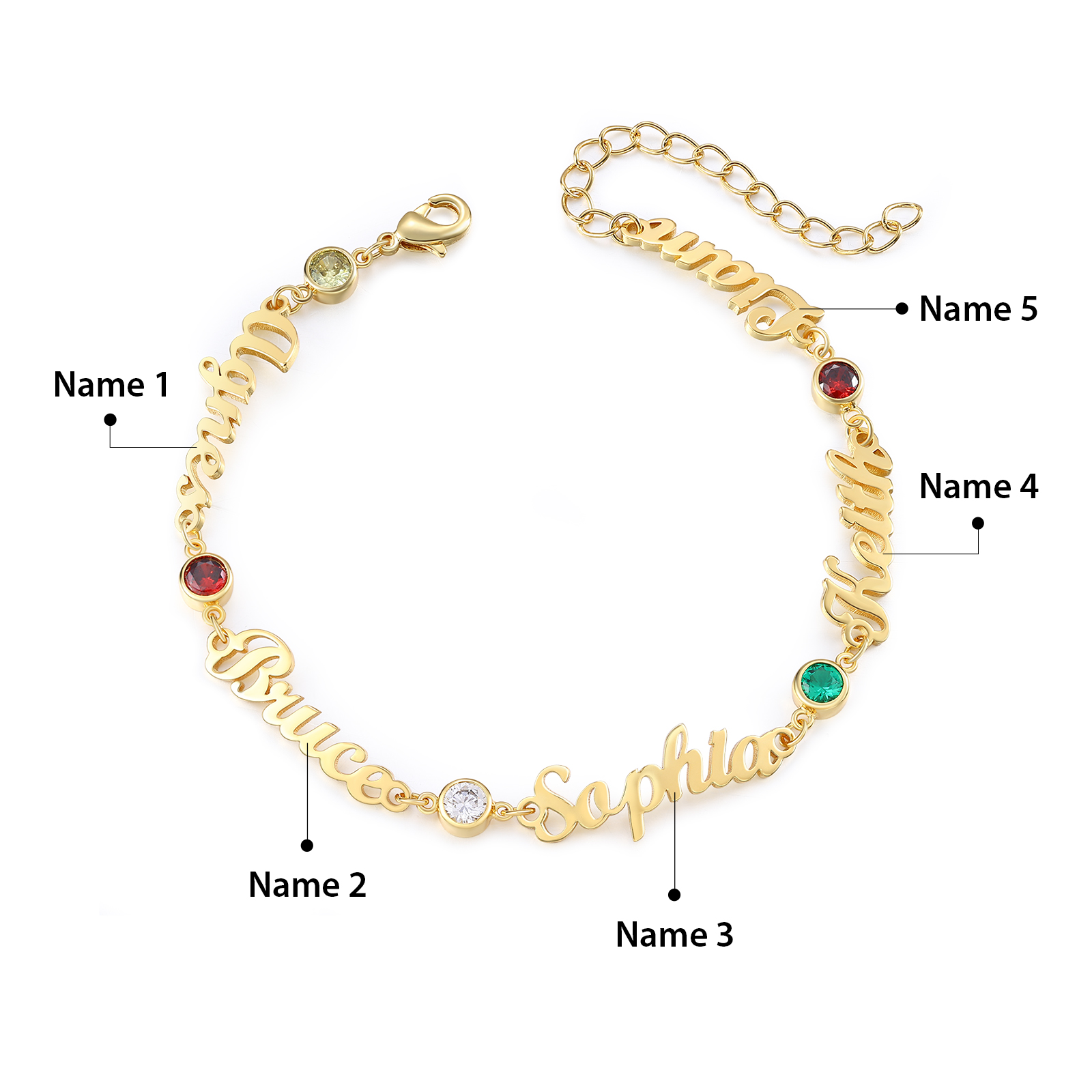 5 Names & 5 Birthstones - Personalized Birthstone Beautiful Gold Color Bracelet Gift for Her | Lorajewel