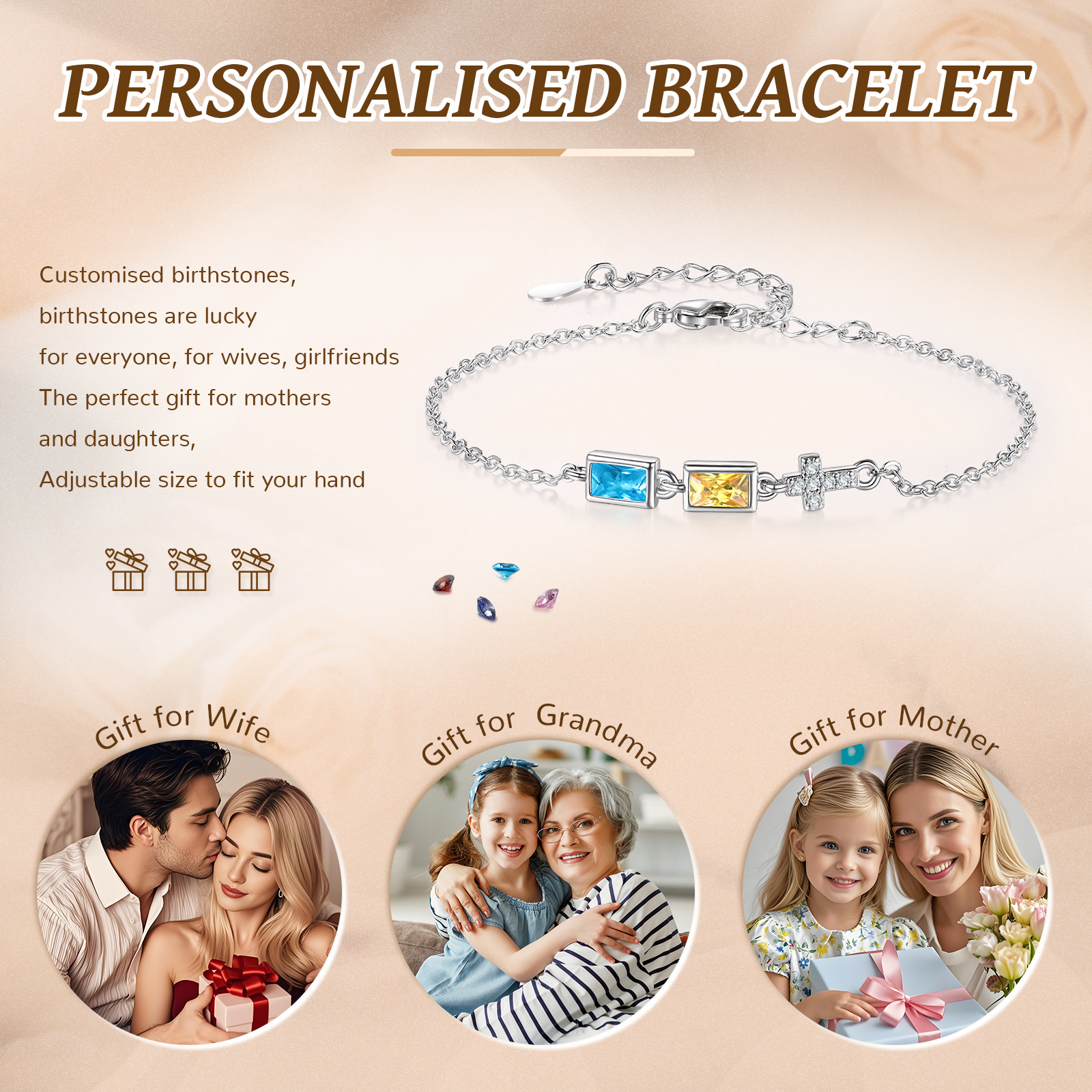 2 Birthstones Personalized Birthstone Bracelet – Meaningful Mother’s Day Gift for Family Members | Lorajewel