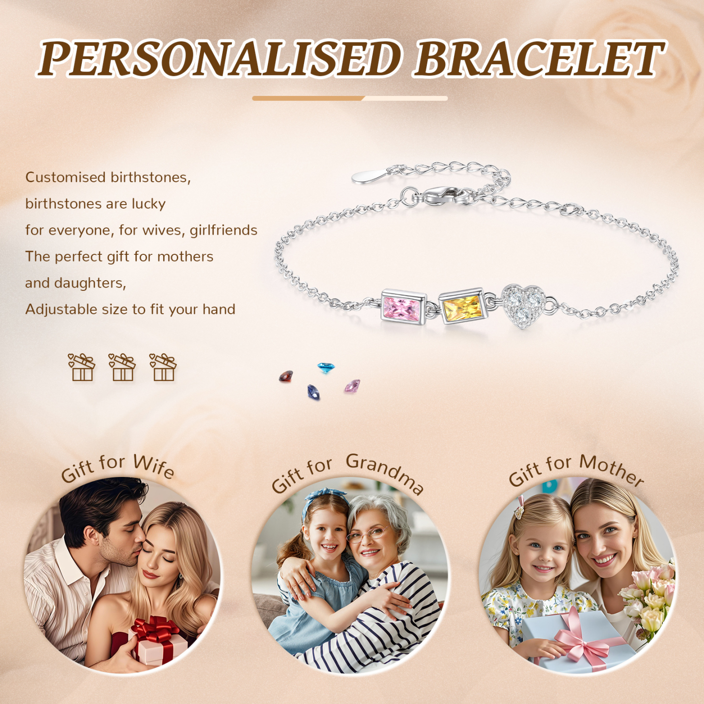 Custom Mother’s Day Birthstone Necklace Bracelet – Adjustable 2 Birthstones Family Gift for Her | Lorajewel