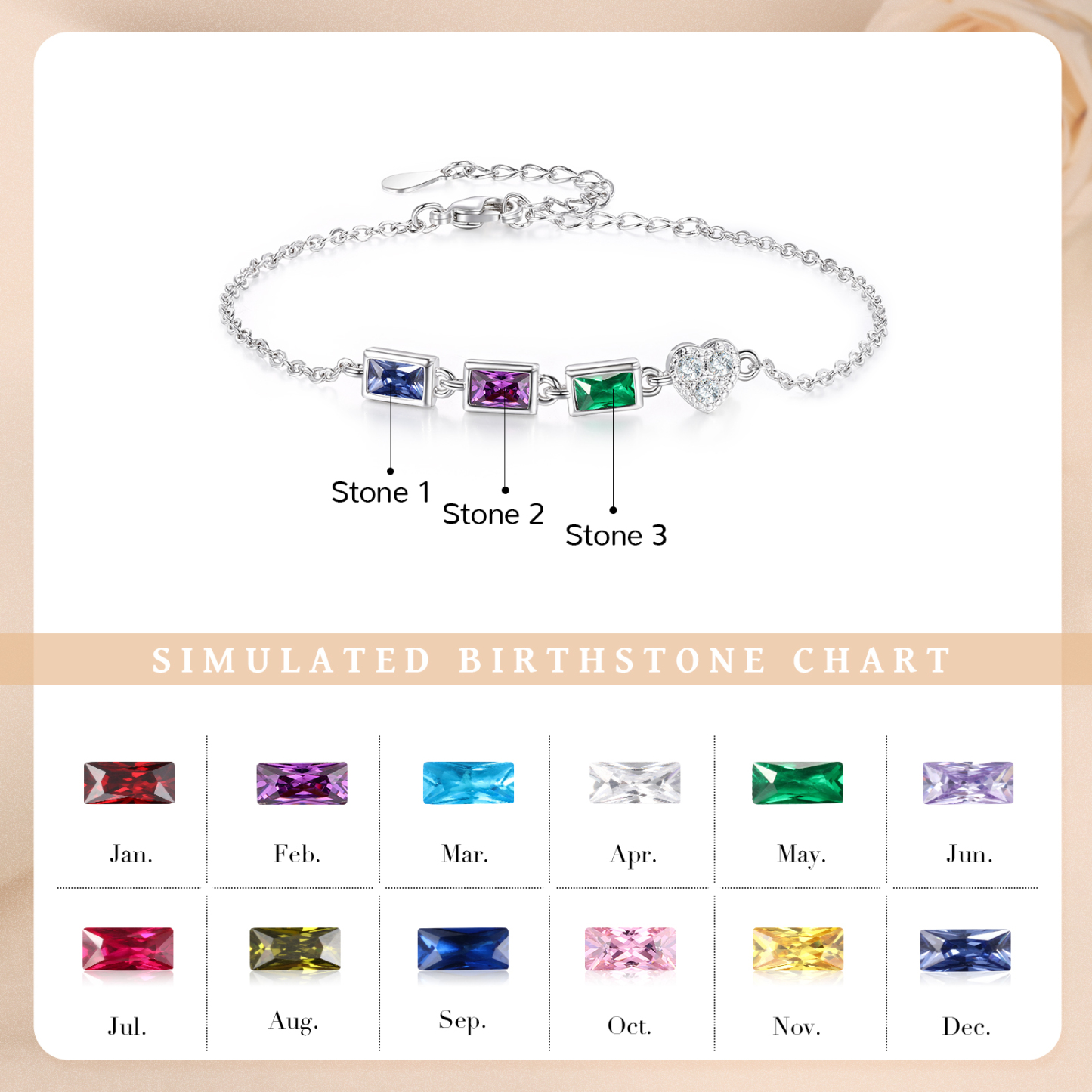 Custom Mother’s Day Birthstone Necklace Bracelet – Adjustable 3 Birthstones Family Gift for Her | Lorajewel