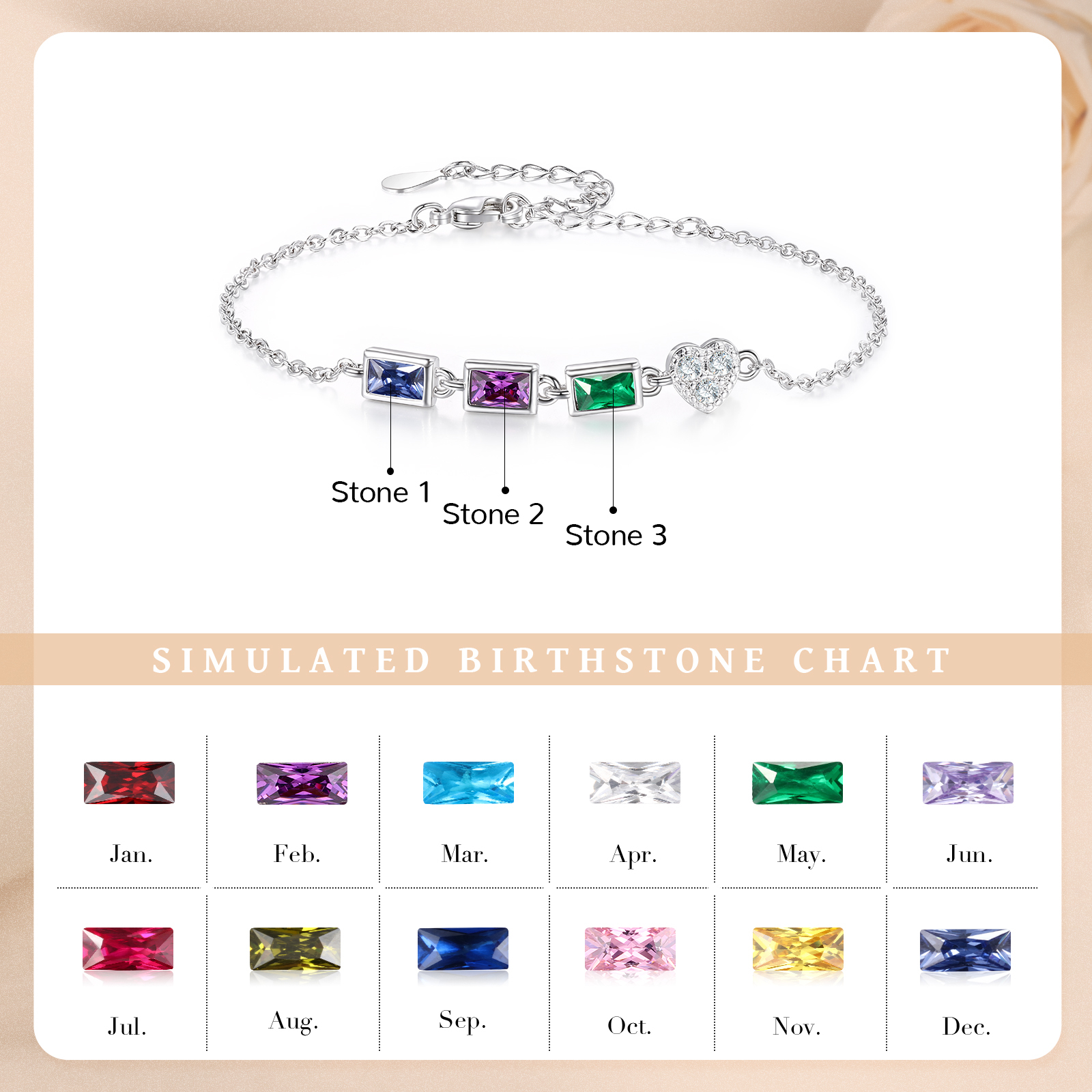 Custom Mother’s Day Birthstone Necklace Bracelet – Adjustable 3 Birthstones Family Gift for Her | Lorajewel