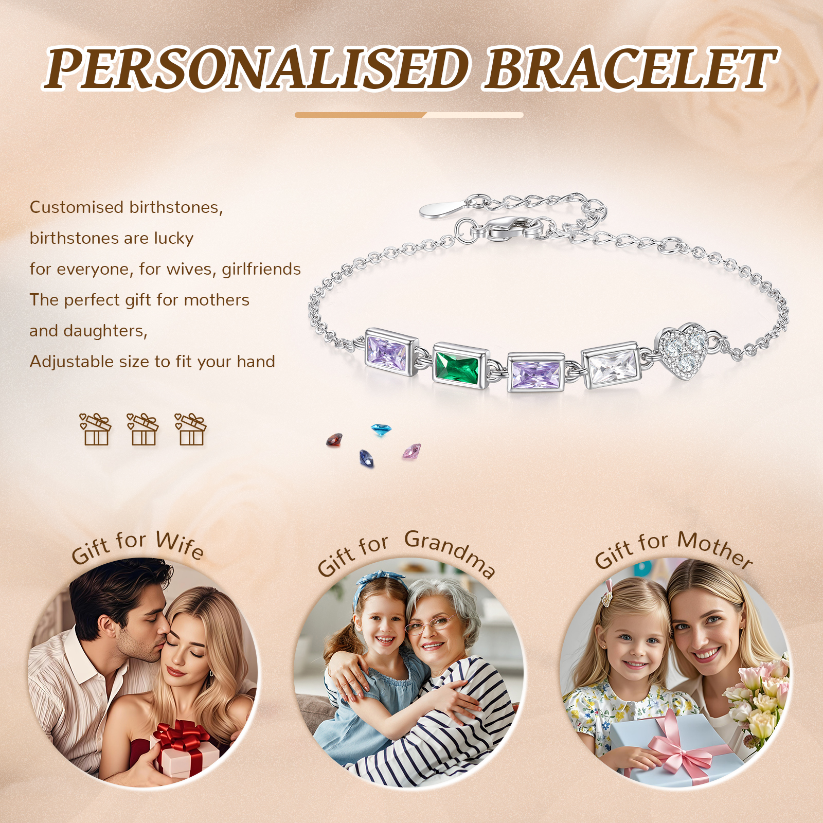 Custom Mother’s Day Birthstone Necklace Bracelet – Adjustable 4 Birthstones Family Gift for Her | Lorajewel