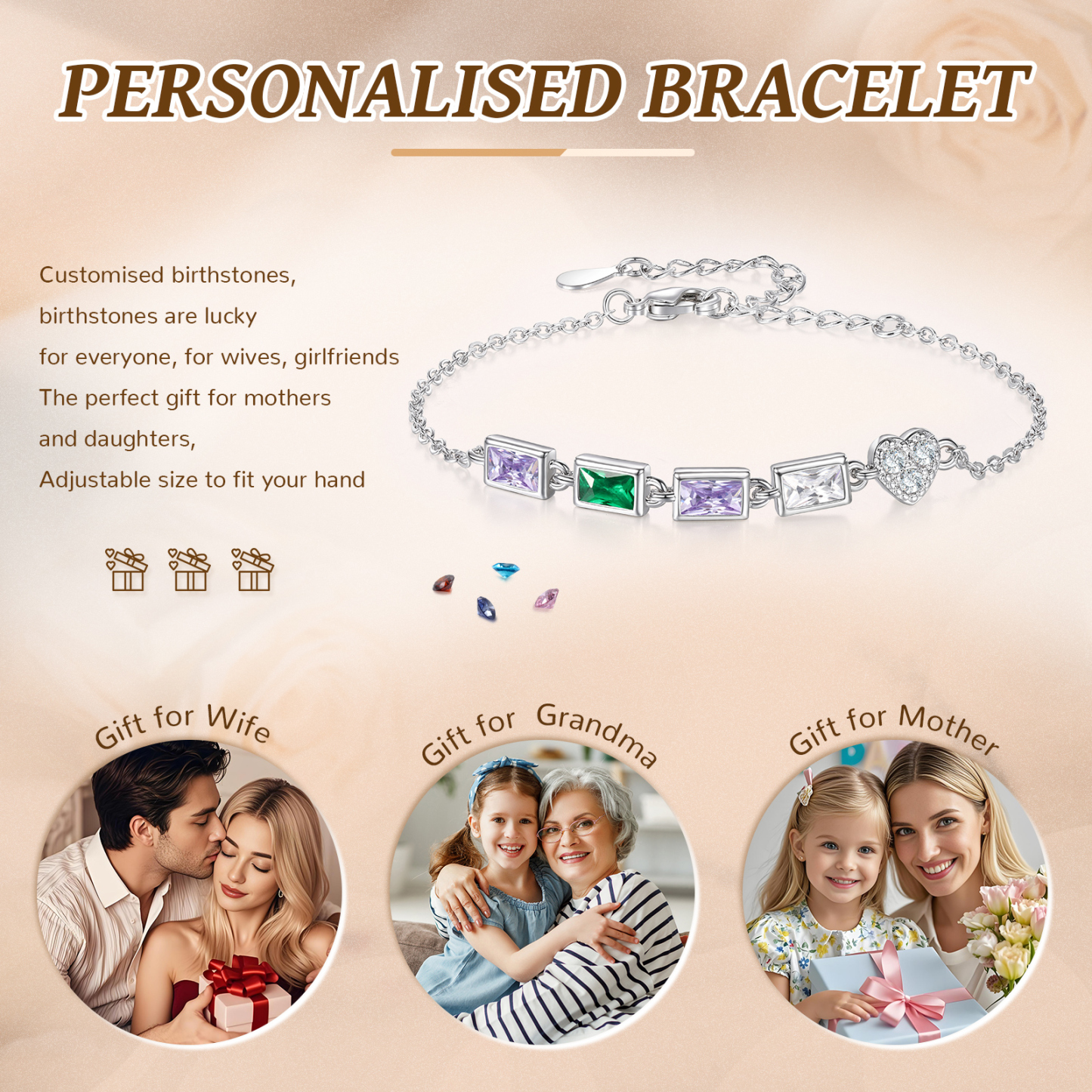 Custom Mother’s Day Birthstone Necklace Bracelet – Adjustable 4 Birthstones Family Gift for Her | Lorajewel