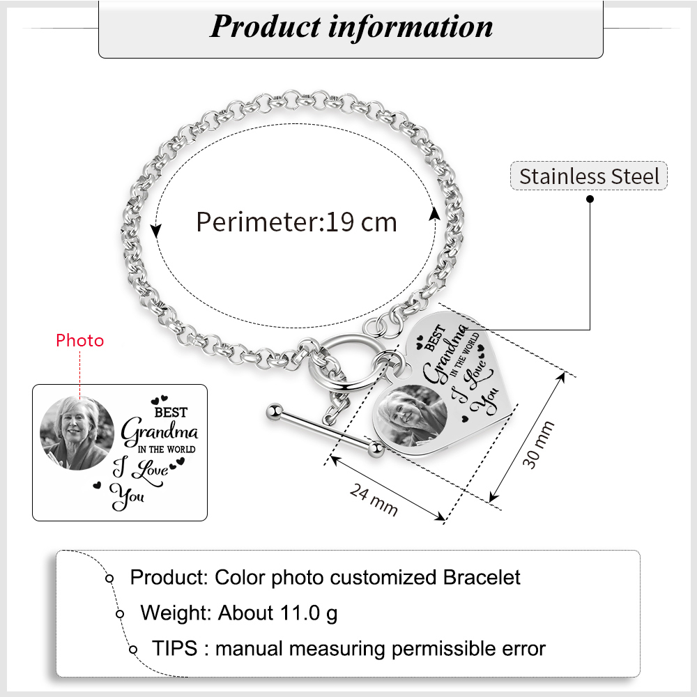Personalised Women's Bracelet with Photo - Custom Stainless Steel Bracelet Gift for Grandma | Jessemade
