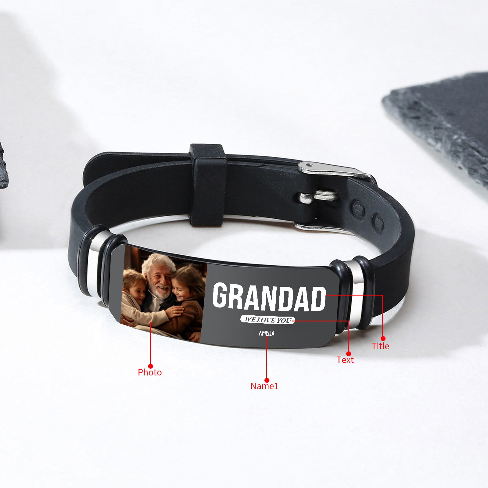 Personalised Wristband Bracelet, Custom 1-6 Names, 3 Texts & Photo Wristband Gift For Him | Jessemade