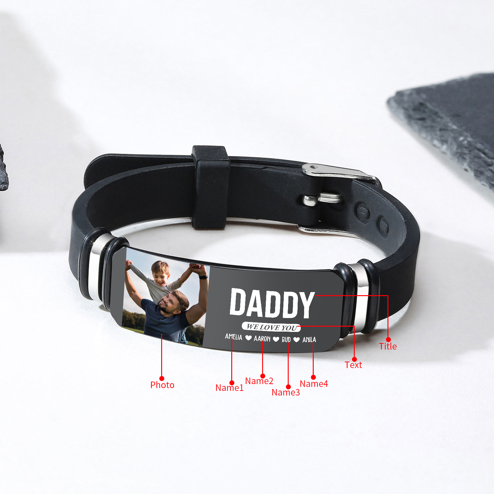 Personalised Wristband Bracelet, Custom 1-6 Names, 3 Texts & Photo Wristband Gift For Him | Jessemade