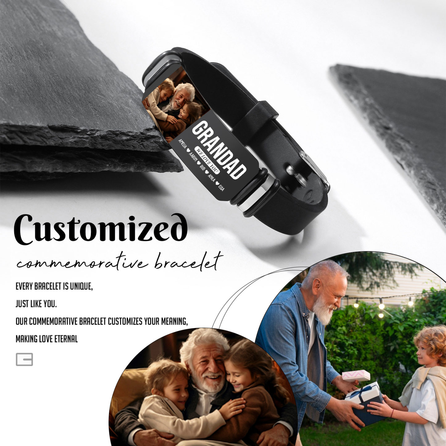 Personalised Wristband Bracelet, Custom 1-6 Names, 3 Texts & Photo Wristband Gift For Him | Jessemade