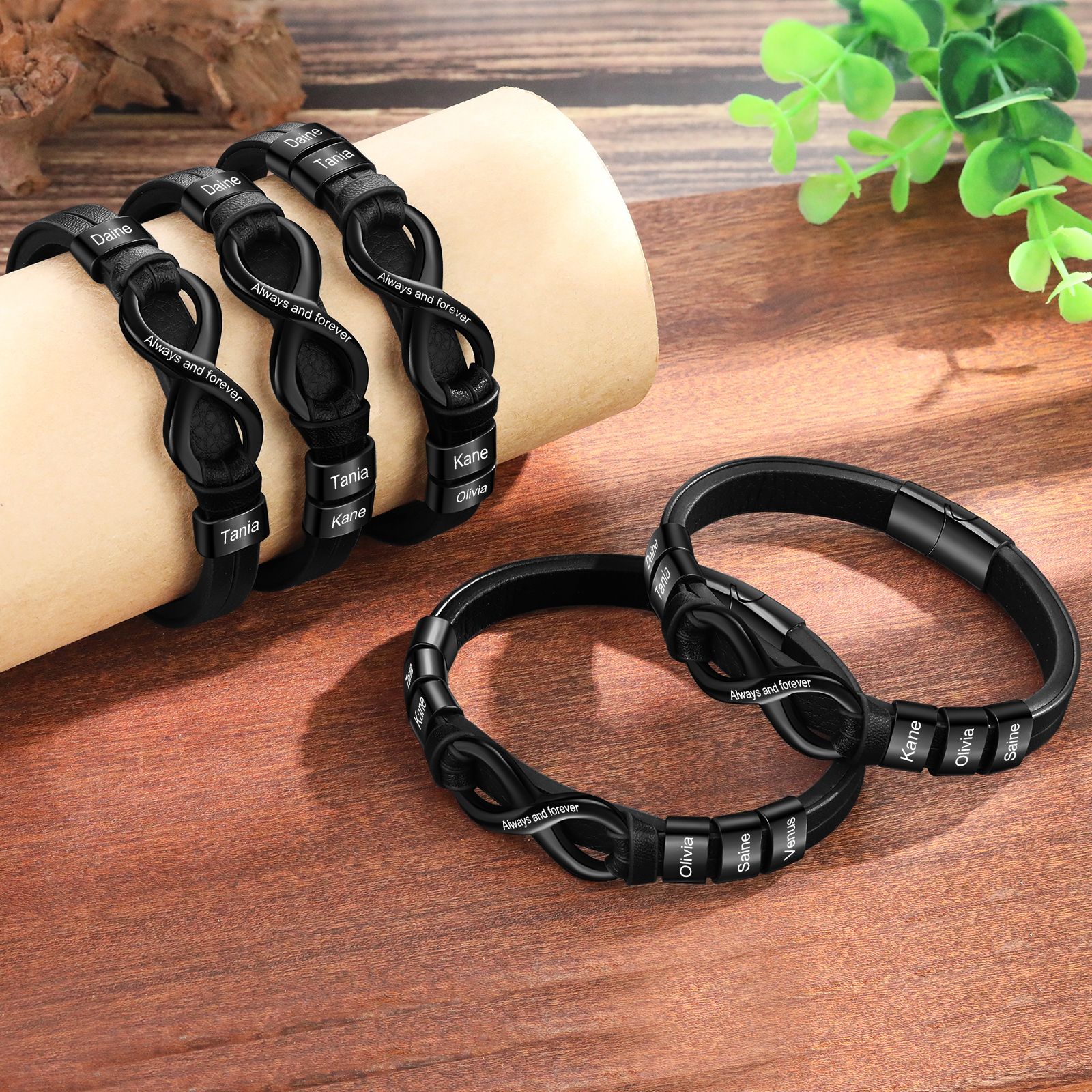 Personalized 4 Names&1 Text Leather Bracelet Custom for Him