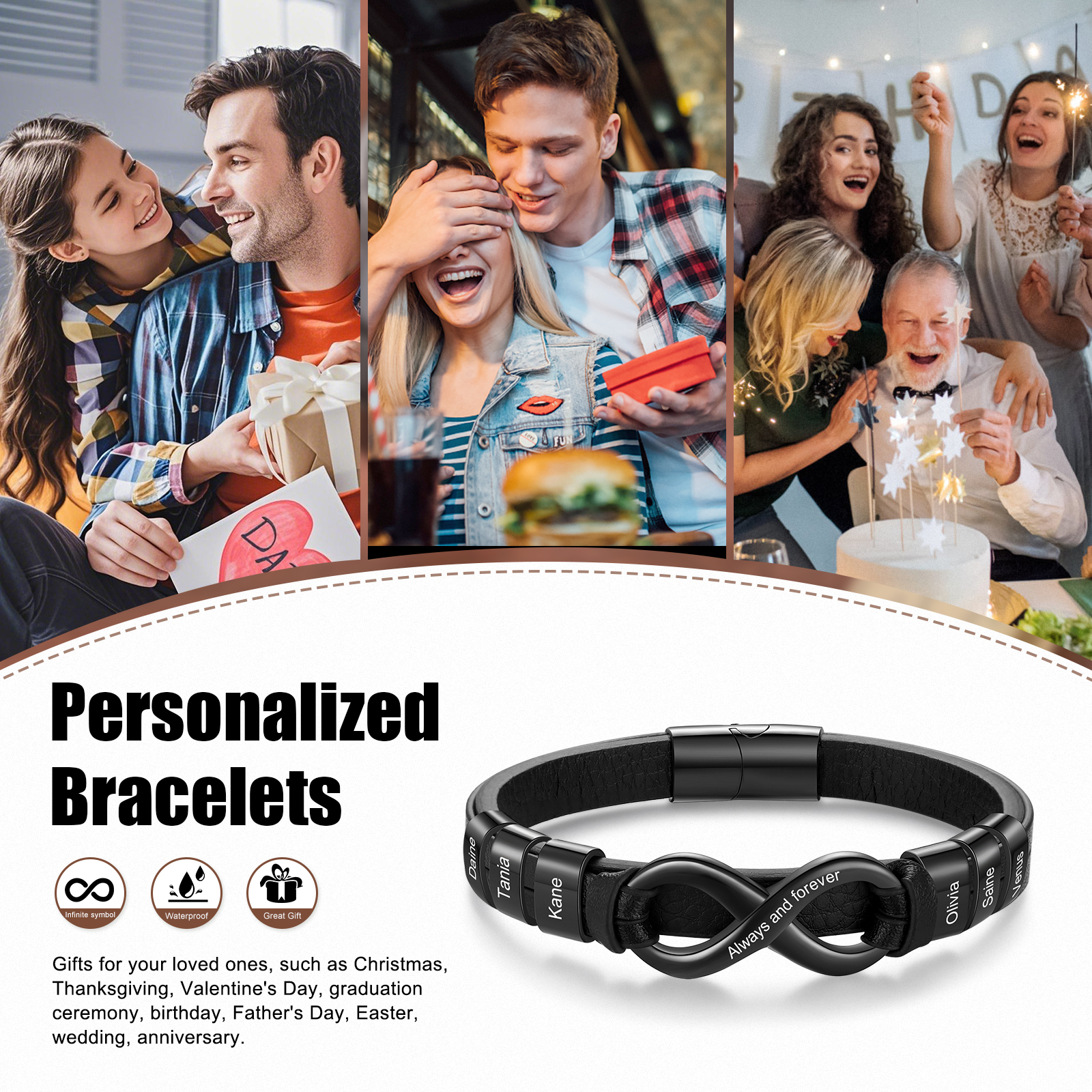 Personalized 6 Names&1 Text Leather Bracelet Custom for Him