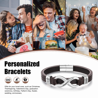 Personalized 2 Names&1 Text Leather Bracelet Custom for Him