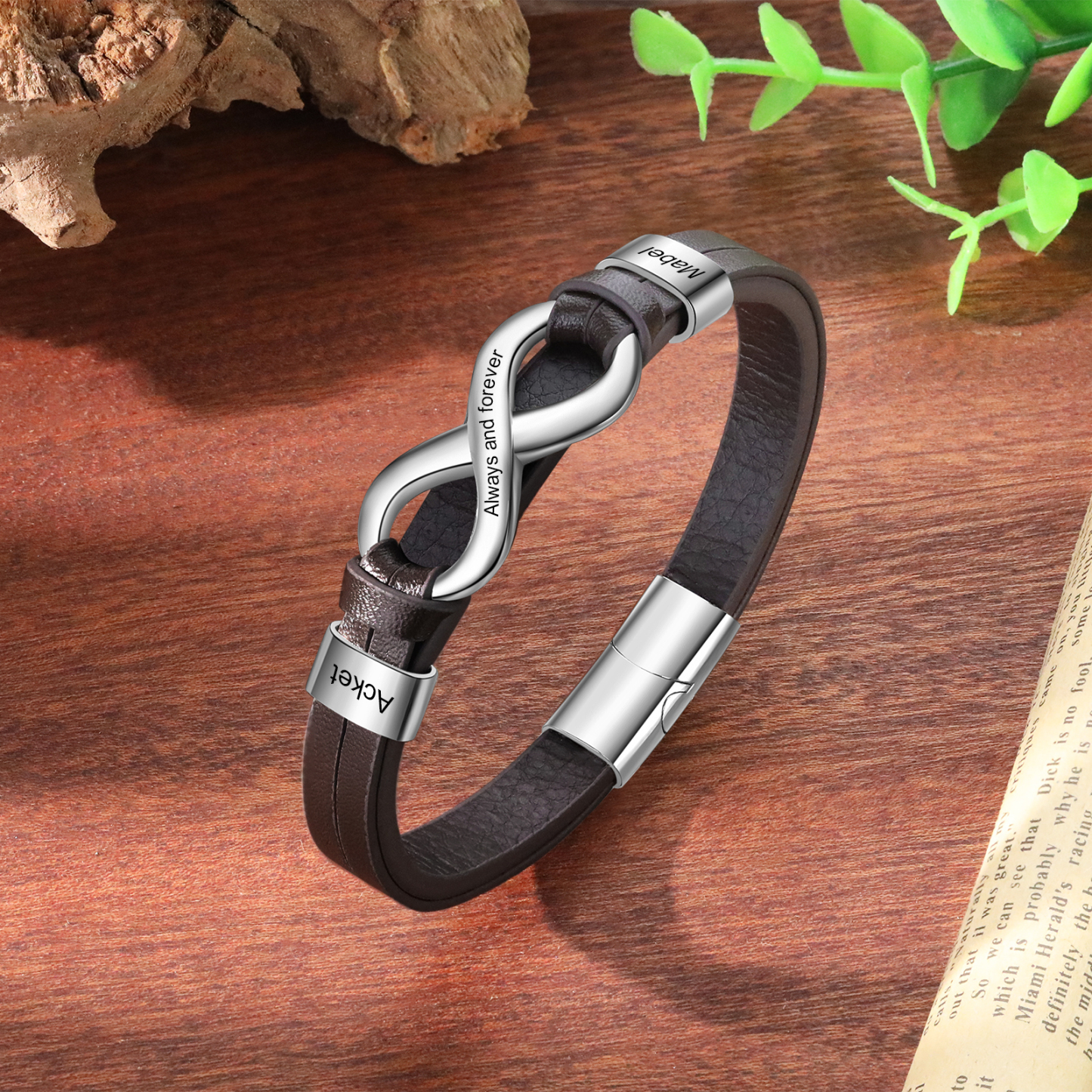 Personalized 2 Names&1 Text Leather Bracelet Custom for Him