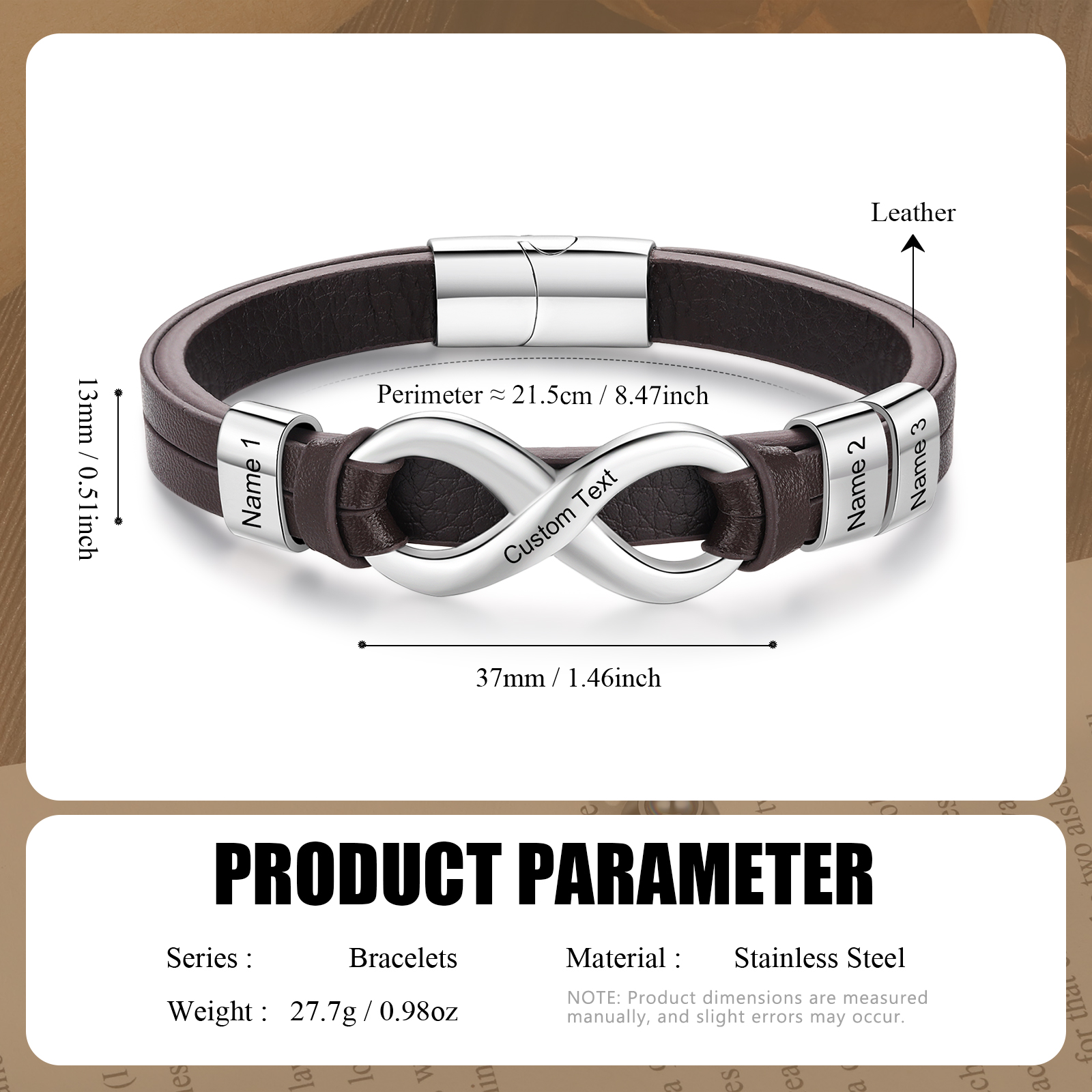 Personalized 3 Names&1 Text Leather Bracelet Custom for Him