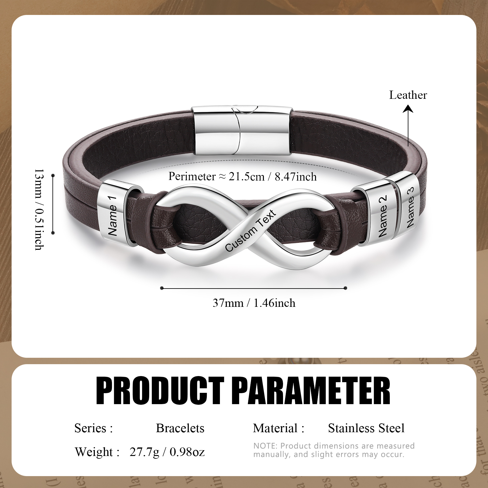 Personalized 3 Names&1 Text Leather Bracelet Custom for Him