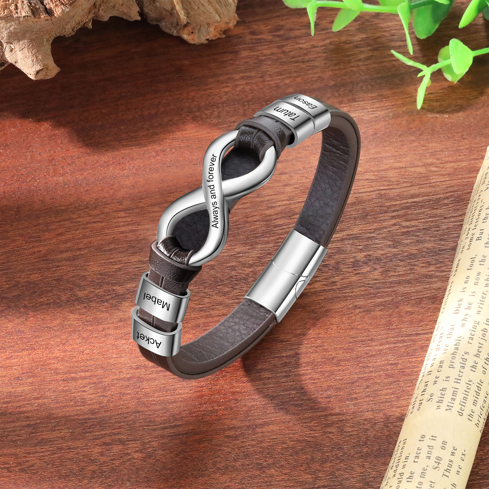 Personalized 4 Names&1 Text Leather Bracelet Custom for Him