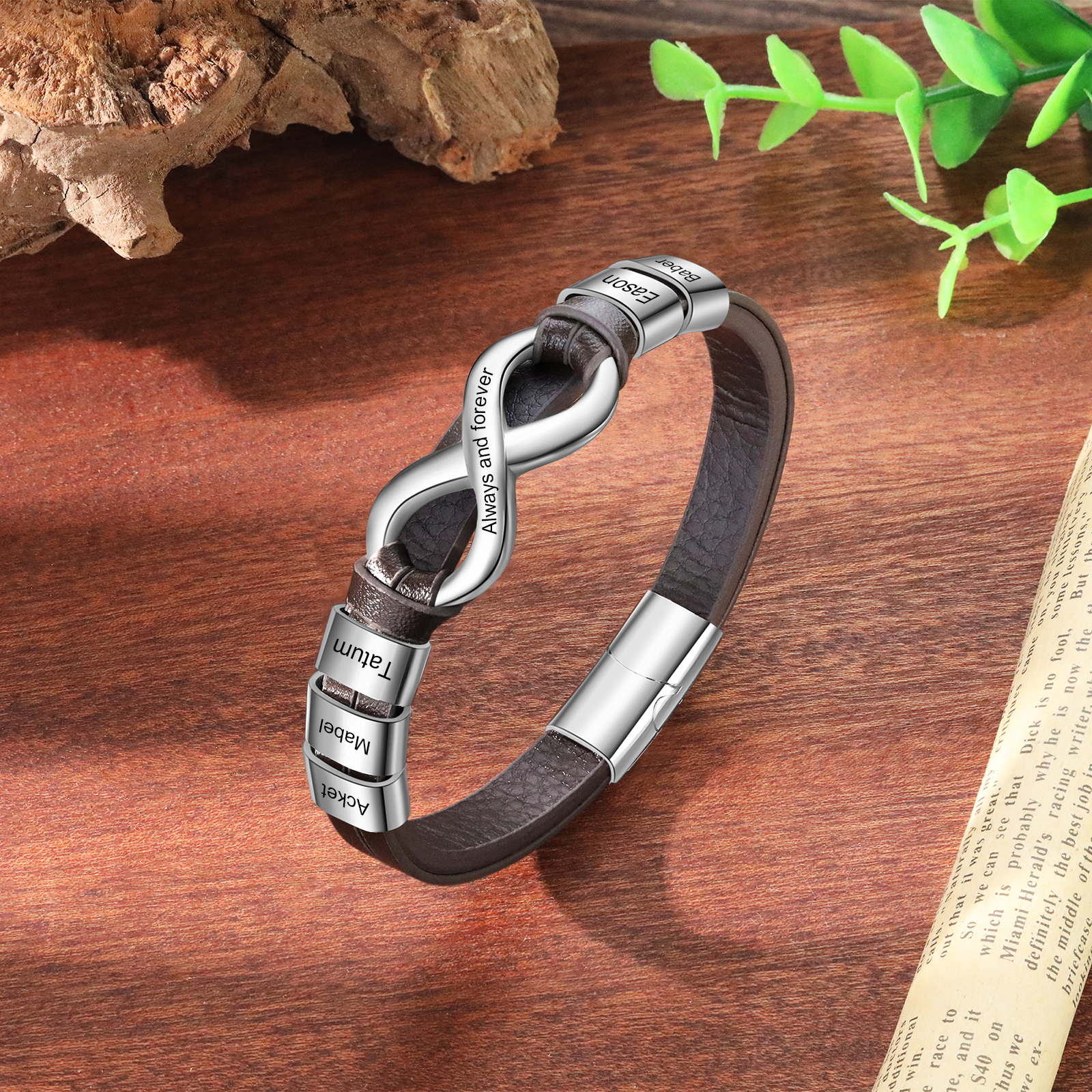 Personalized 5 Names&1 Text Leather Bracelet Custom for Him