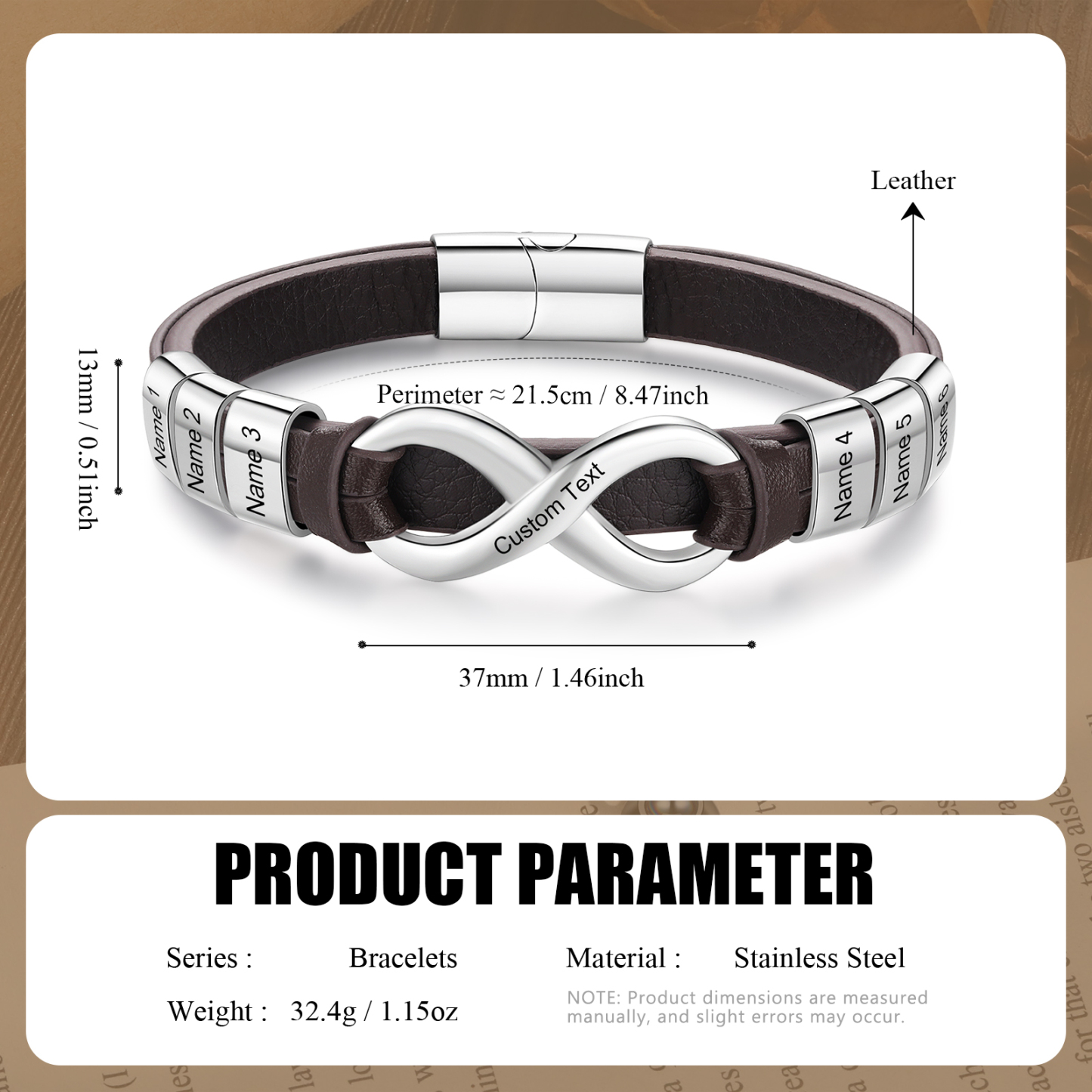 Personalized 6 Names&1 Text Leather Bracelet Custom for Him