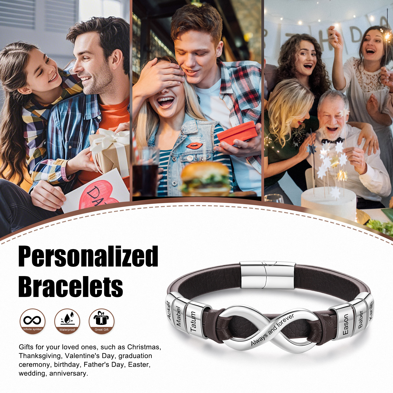 Personalized 6 Names&1 Text Leather Bracelet Custom for Him