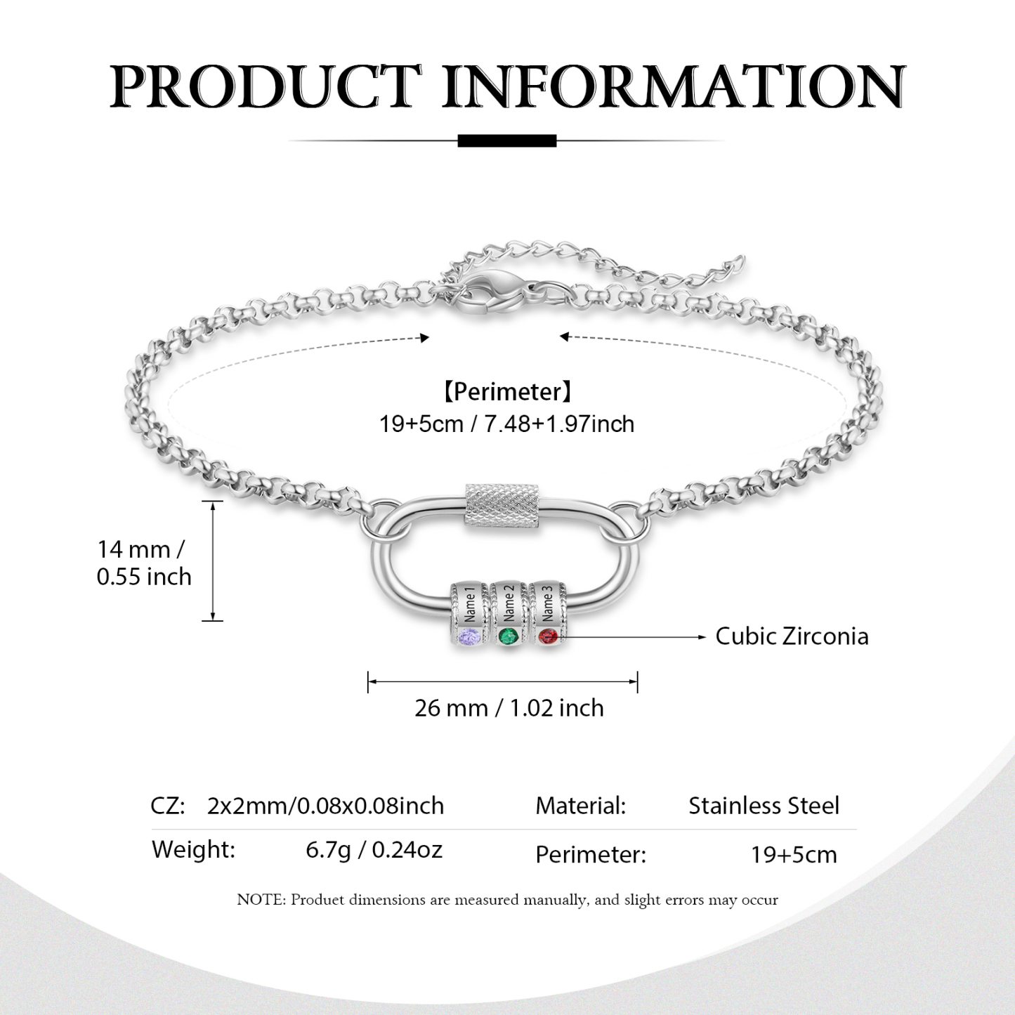 Personalized 3 Names & 3 Birthstones Bracelet for Women – Custom Stainless Steel Chain Gift | Lorajewel