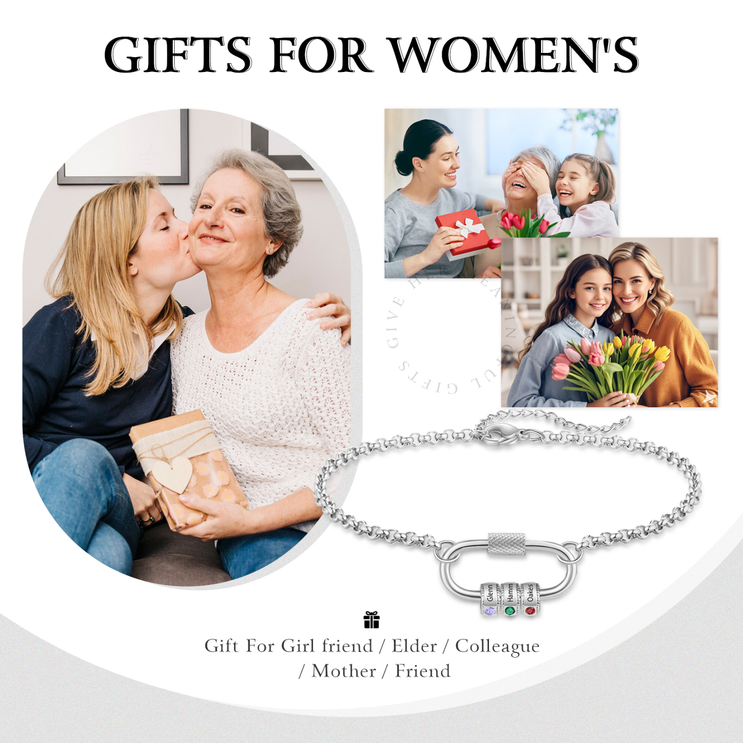 Personalized 3 Names & 3 Birthstones Bracelet for Women – Custom Stainless Steel Chain Gift | Lorajewel