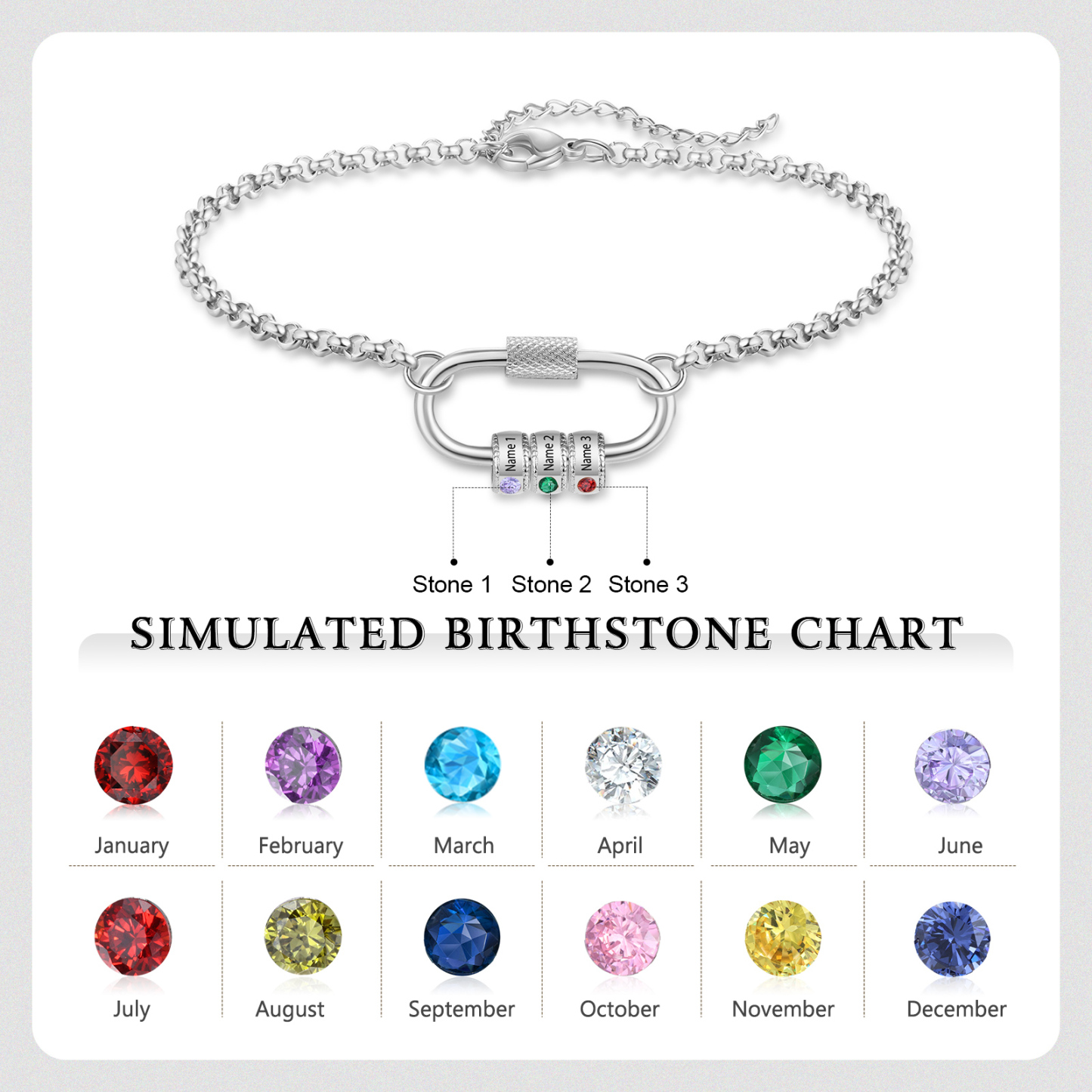 Personalized 3 Names & 3 Birthstones Bracelet for Women – Custom Stainless Steel Chain Gift | Lorajewel