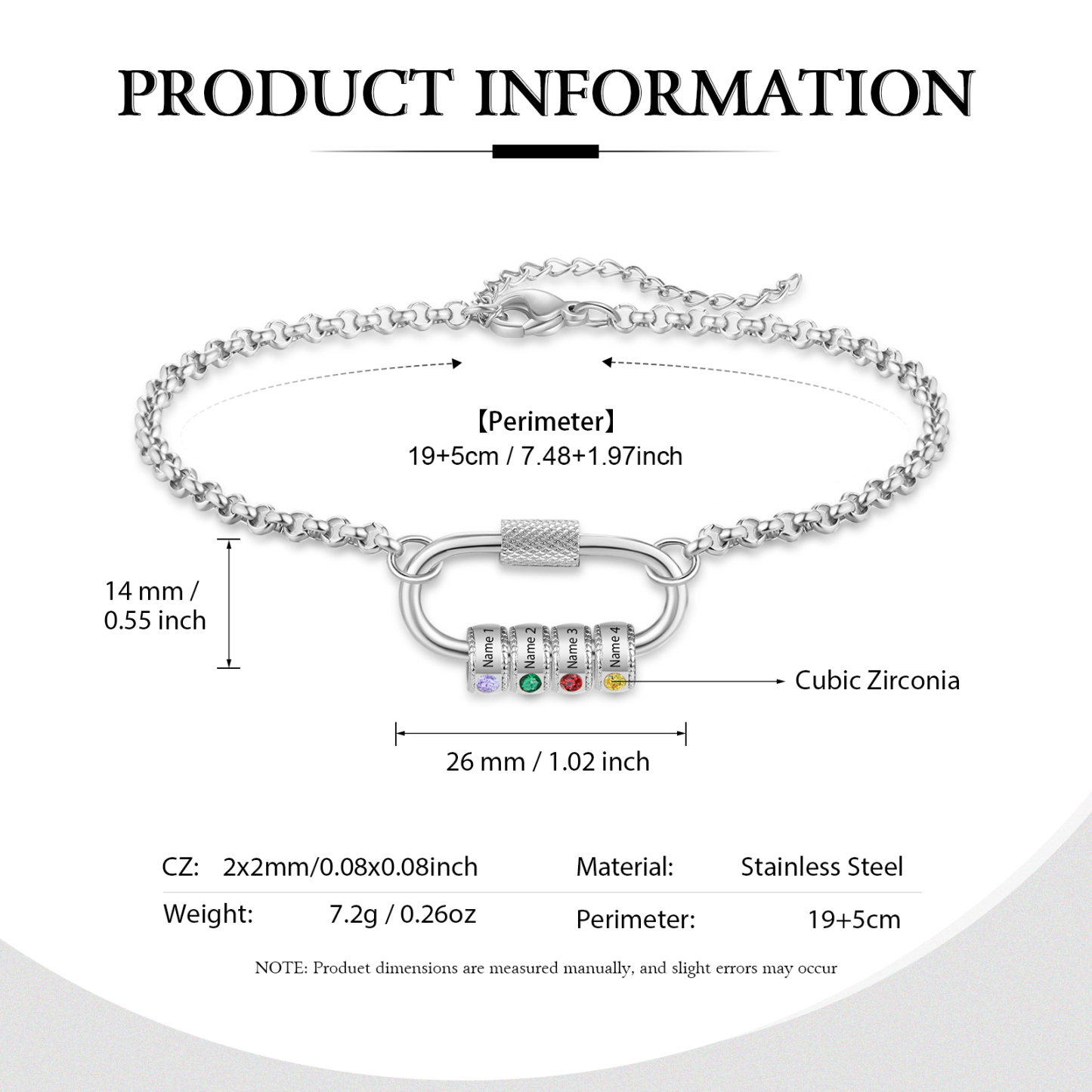Personalized 4 Names & 4 Birthstones Bracelet for Women – Custom Stainless Steel Chain Gift | Lorajewel
