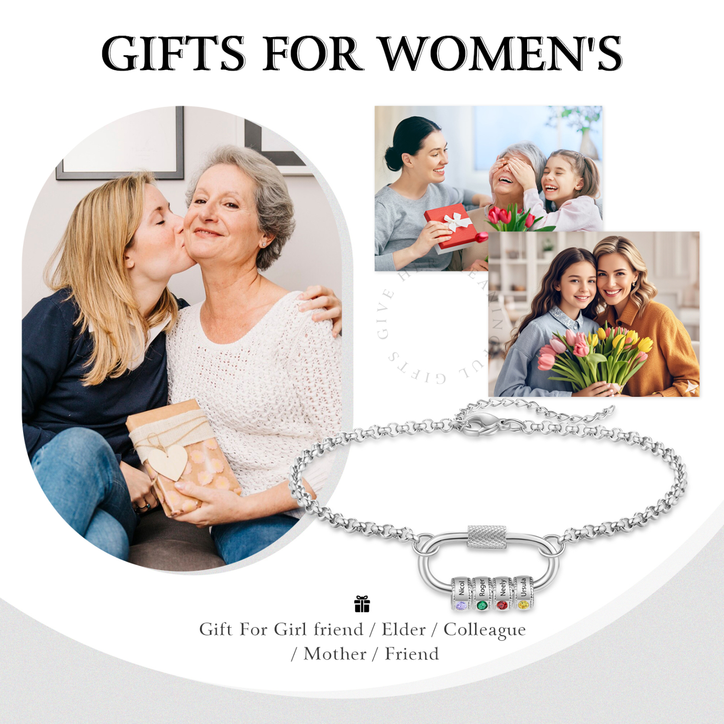 Personalized 4 Names & 4 Birthstones Bracelet for Women – Custom Stainless Steel Chain Gift | Lorajewel