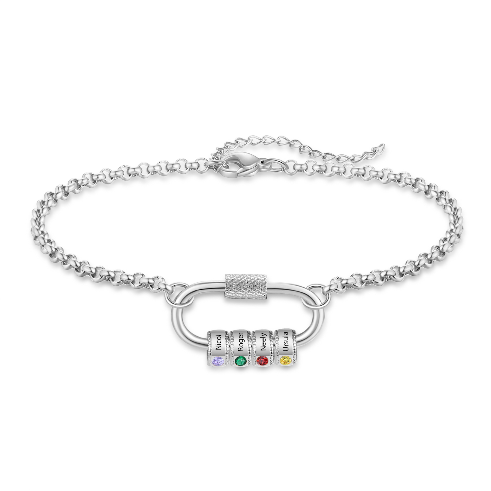 Personalized 4 Names & 4 Birthstones Bracelet for Women – Custom Stainless Steel Chain Gift | Lorajewel