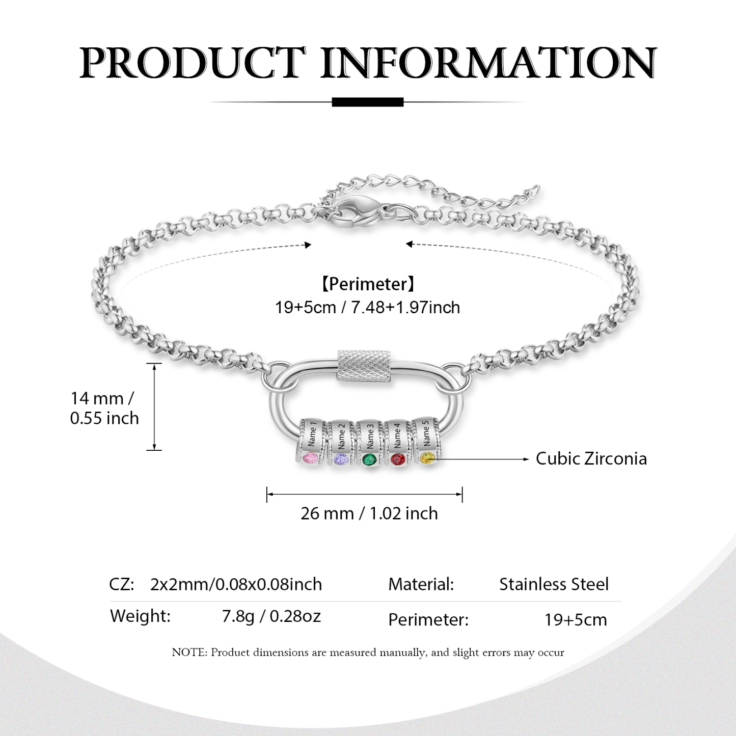 Personalized 5 Names & 5 Birthstones Bracelet for Women – Custom Stainless Steel Chain Gift | Lorajewel