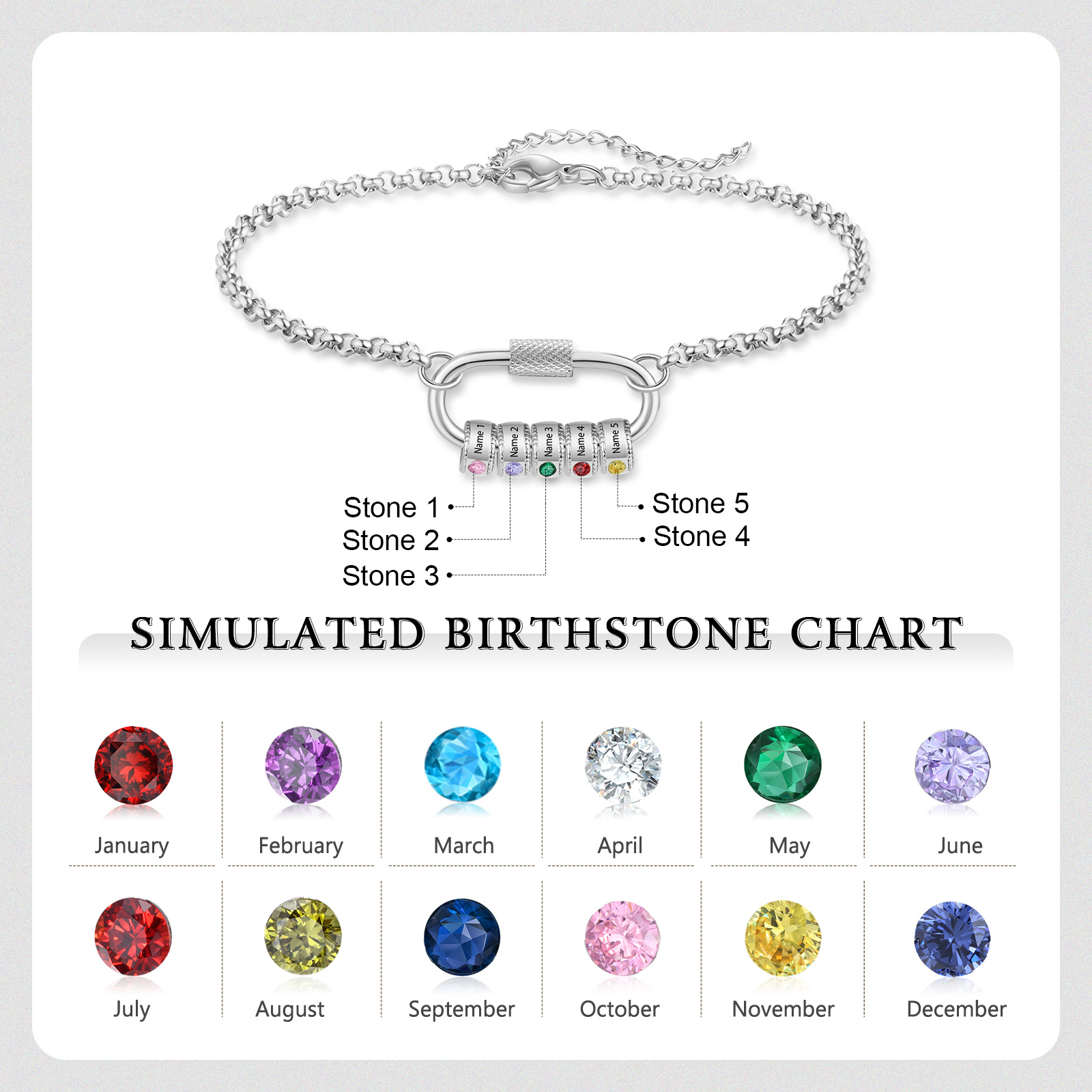 Personalized 5 Names & 5 Birthstones Bracelet for Women – Custom Stainless Steel Chain Gift | Lorajewel