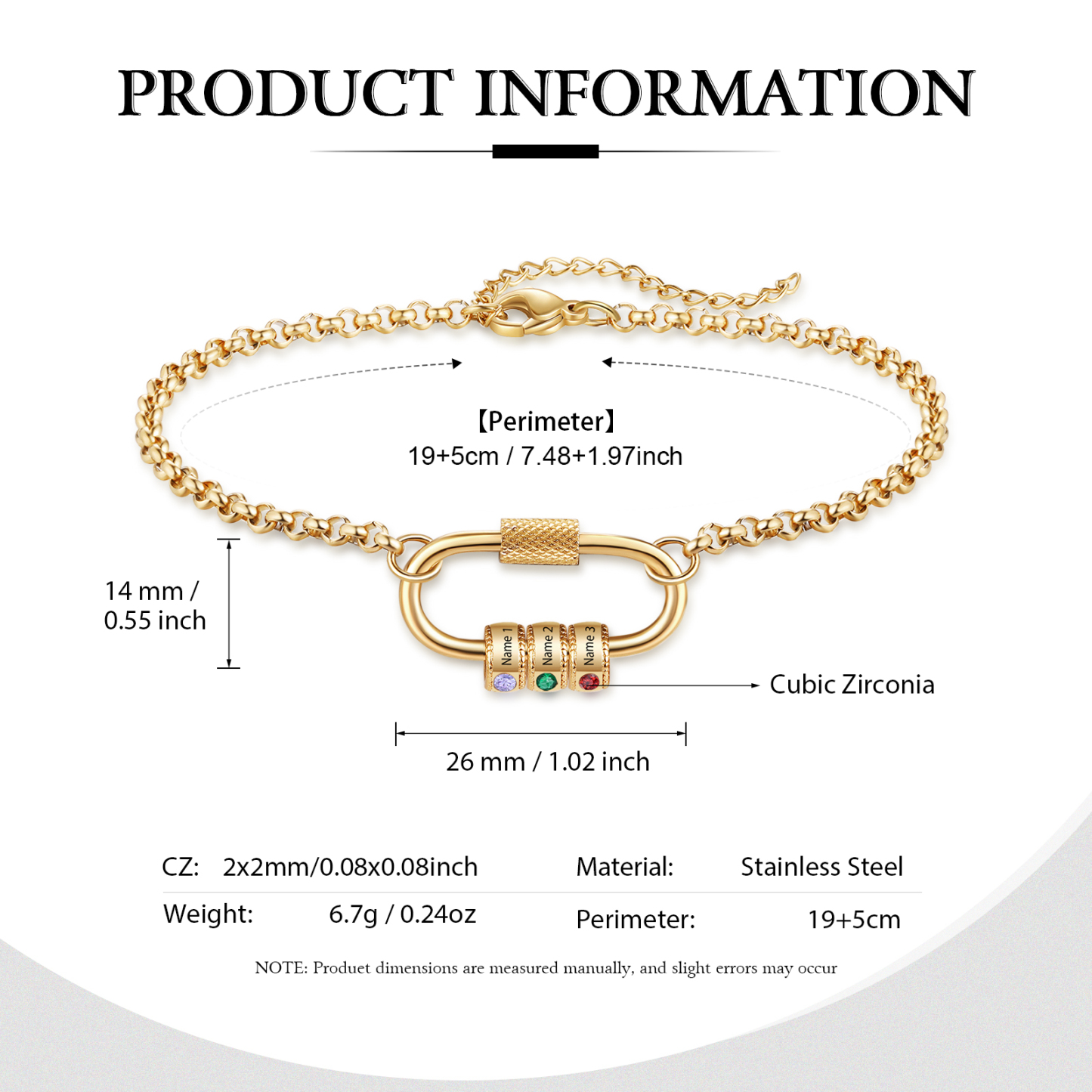 Personalized 3 Names & 3 Birthstones Bracelet for Women – Custom Stainless Steel Chain Gift | Lorajewel