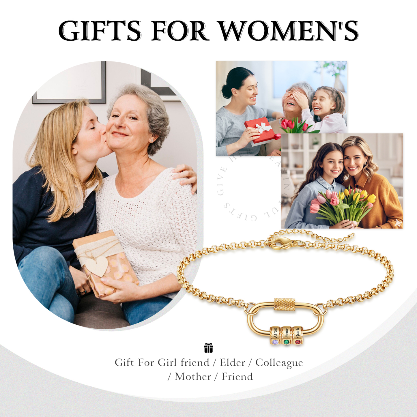 Personalized 3 Names & 3 Birthstones Bracelet for Women – Custom Stainless Steel Chain Gift | Lorajewel