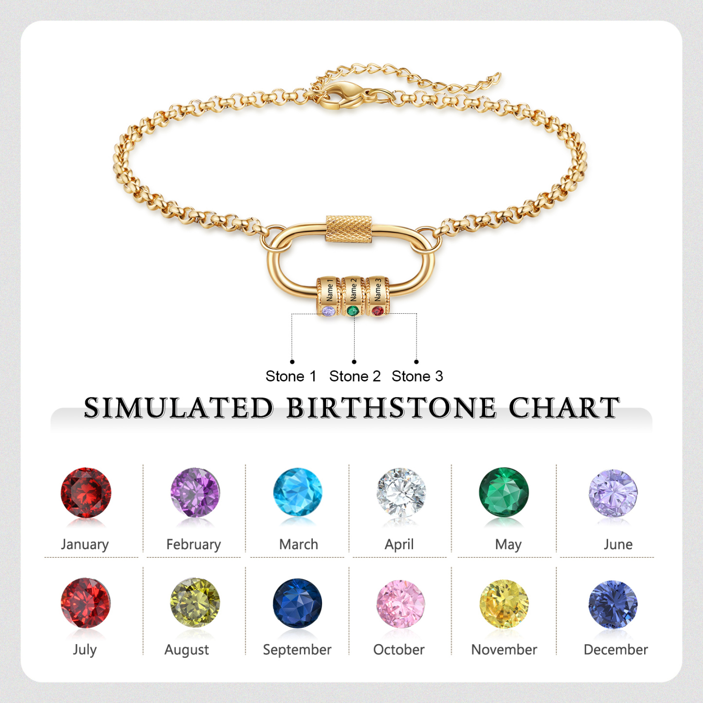 Personalized 3 Names & 3 Birthstones Bracelet for Women – Custom Stainless Steel Chain Gift | Lorajewel