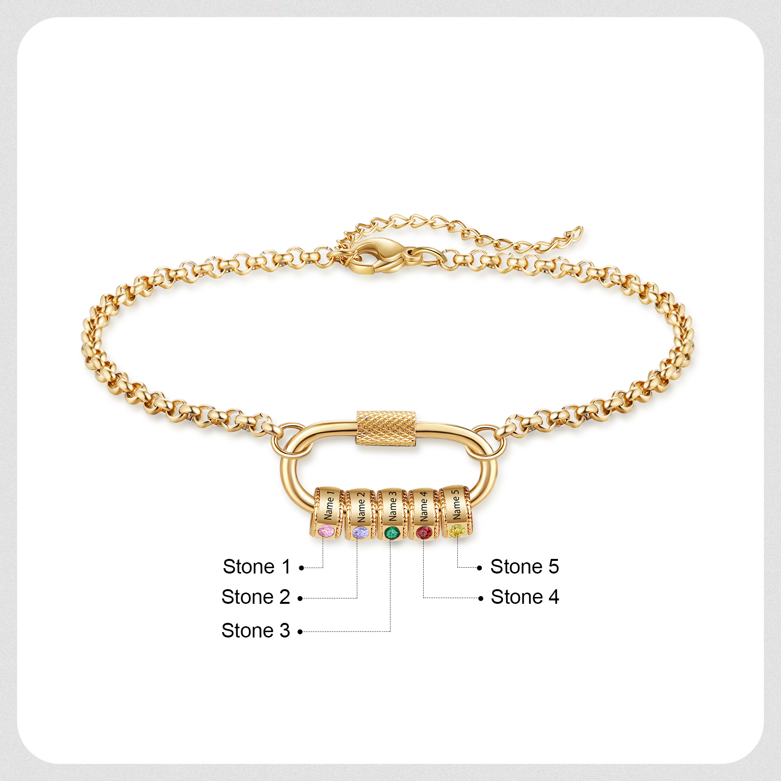 Personalized 5 Names & 5 Birthstones Bracelet for Women – Custom Stainless Steel Chain Gift | Lorajewel